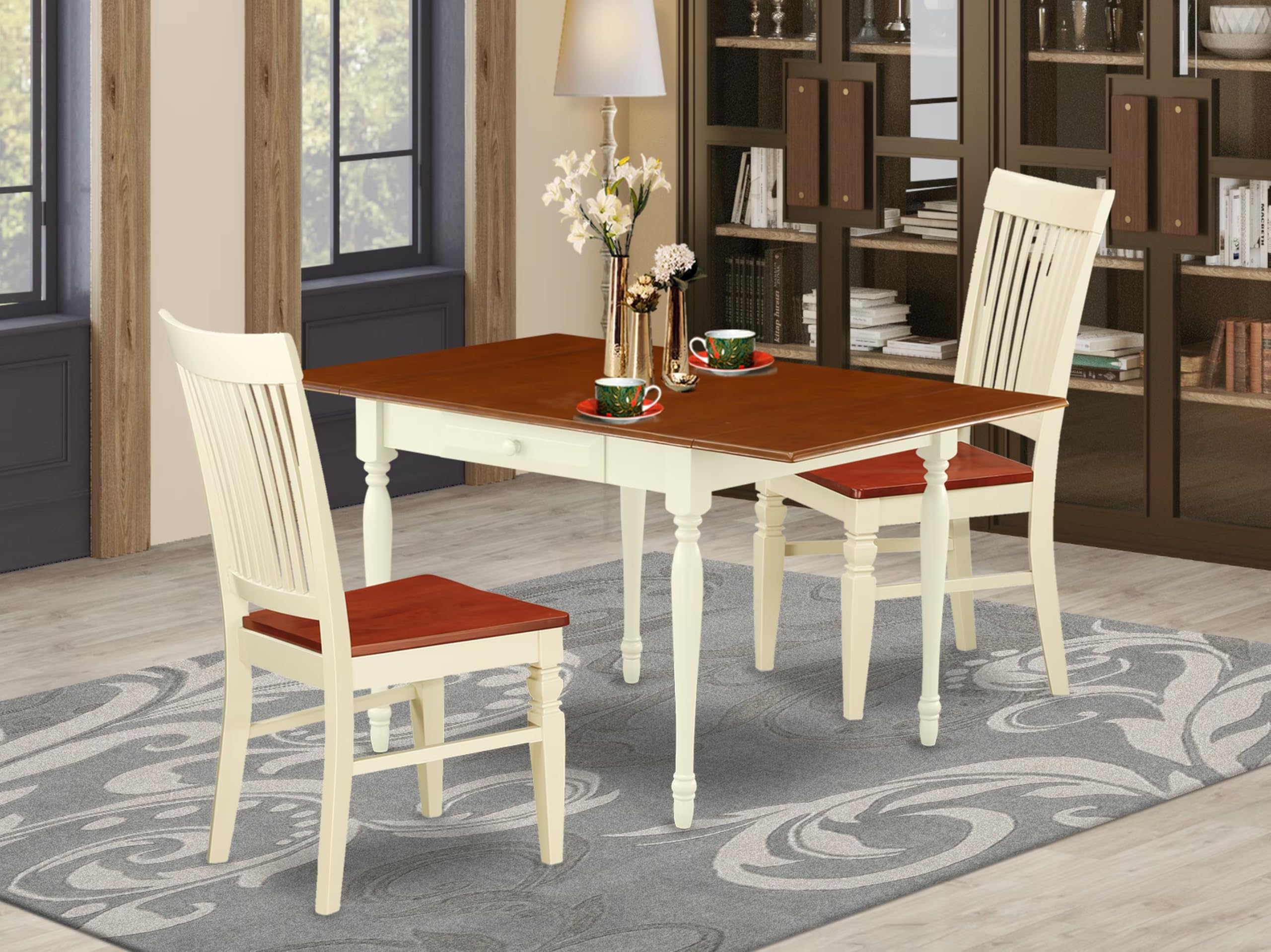 East West Furniture MZWE3-WHI-W 3-Piece Kitchen Table Set for Small Spaces - 36x54 Inch Rectangle Drop Leaf Dining Table with 2 Chairs, Buttermilk & Cherry - Perfect for Apartments, Breakfast Nooks & Cozy Dining Areas
