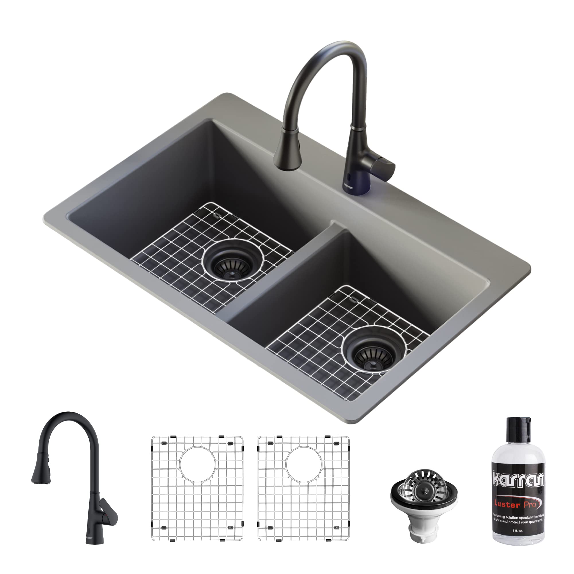 Karran 33-Inch Top Mount Double Bowl 50/50 Quartz Kitchen Sink in Grey with Matte Black Faucet - Perfect for Modern Kitchens & Food Prep Stations