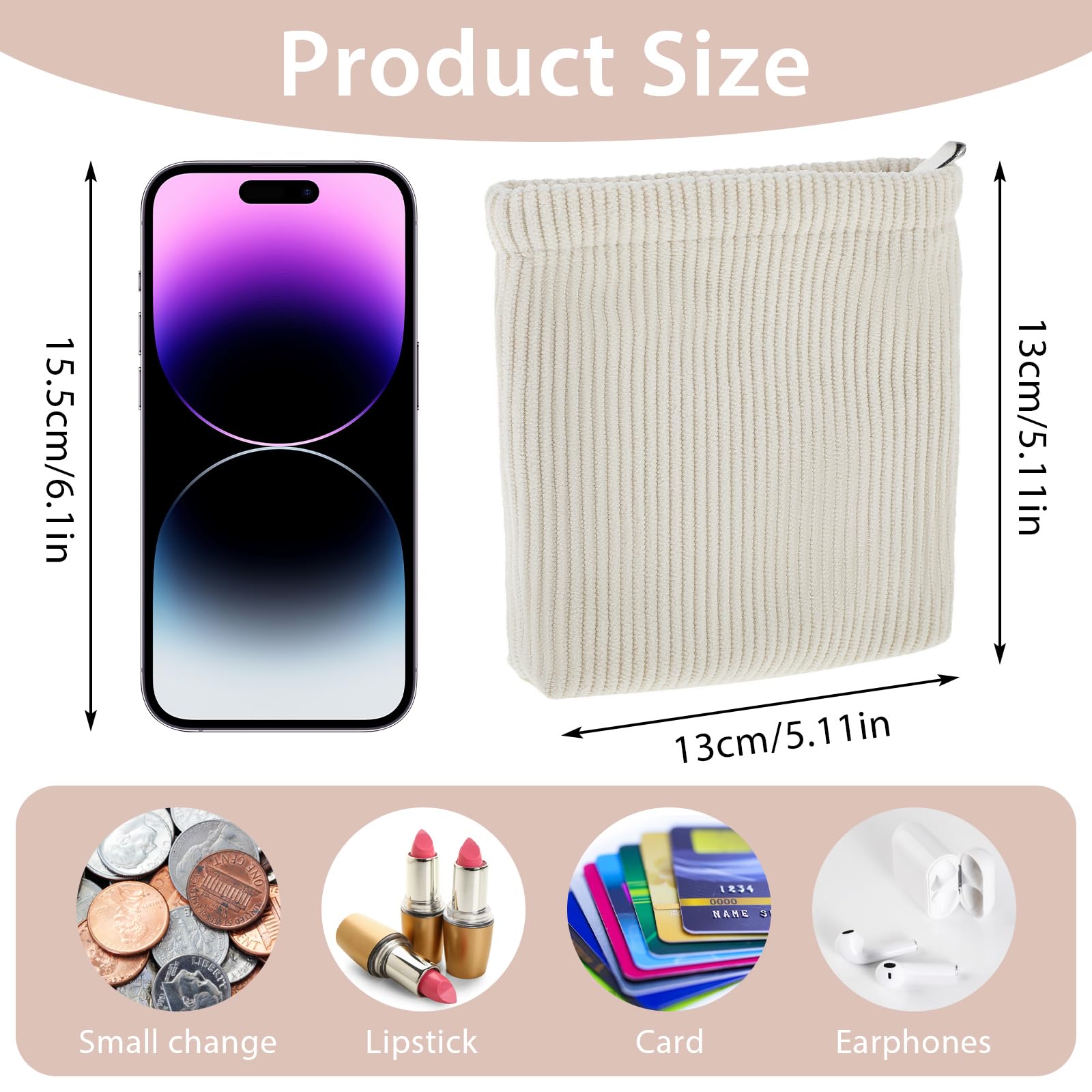 Corduroy Mini Makeup Bag for Women - Small Cosmetic Pouch, Travel Toiletry Organizer & Coin Purse - Portable Cream White Handbag for Daily Use, School, Office & Travel Accessories Storage