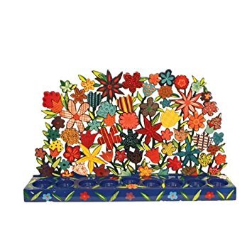 Yair Emanuel Painted Metal Lazer Cut Menorah - 9 Branch Hanukkah Candles Holder with Multi Flowers Design | Judaica Menorah for Hanukkah Celebrations, Jewish Home Decor & Holiday Gift (Bundle)