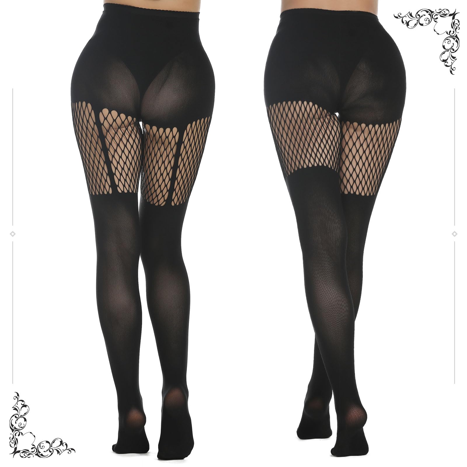 MANZI 2 Pairs Women's Suspender Opaque Fishnet Stockings Thigh High Mesh Tights - Sexy Black Stockings for Party, Cosplay & Night Out