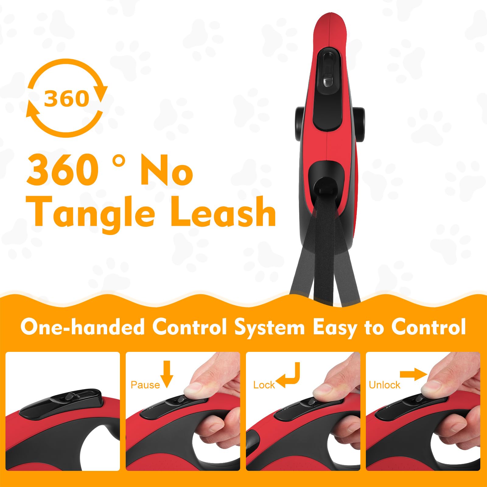 26Ft Retractable Dog Leash with Chew Proof Cable - Heavy Duty No Tangle Leash for Small Medium Large Dogs up to 110lbs - 360° Swivel & One-Handed Brake System (Red) - Perfect for Walking, Jogging, Training and Outdoor Adventures with Your Pet