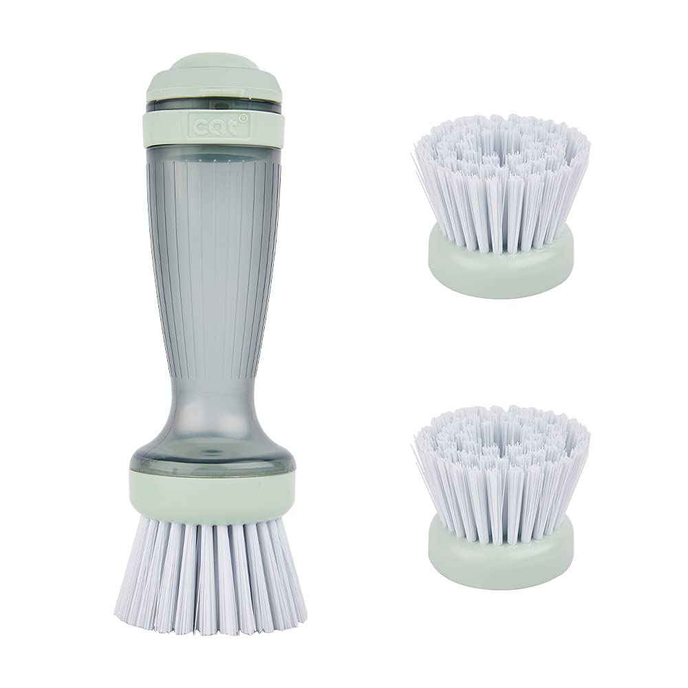 Eco-Friendly CQT Dish Brush with Built-in Soap Dispenser - Kitchen Sink Scrubber for Pots, Pans & Dishes Cleaning (Includes 1 Brush & 2 Refills) - Perfect for Daily Dishwashing & Tough Grease Removal