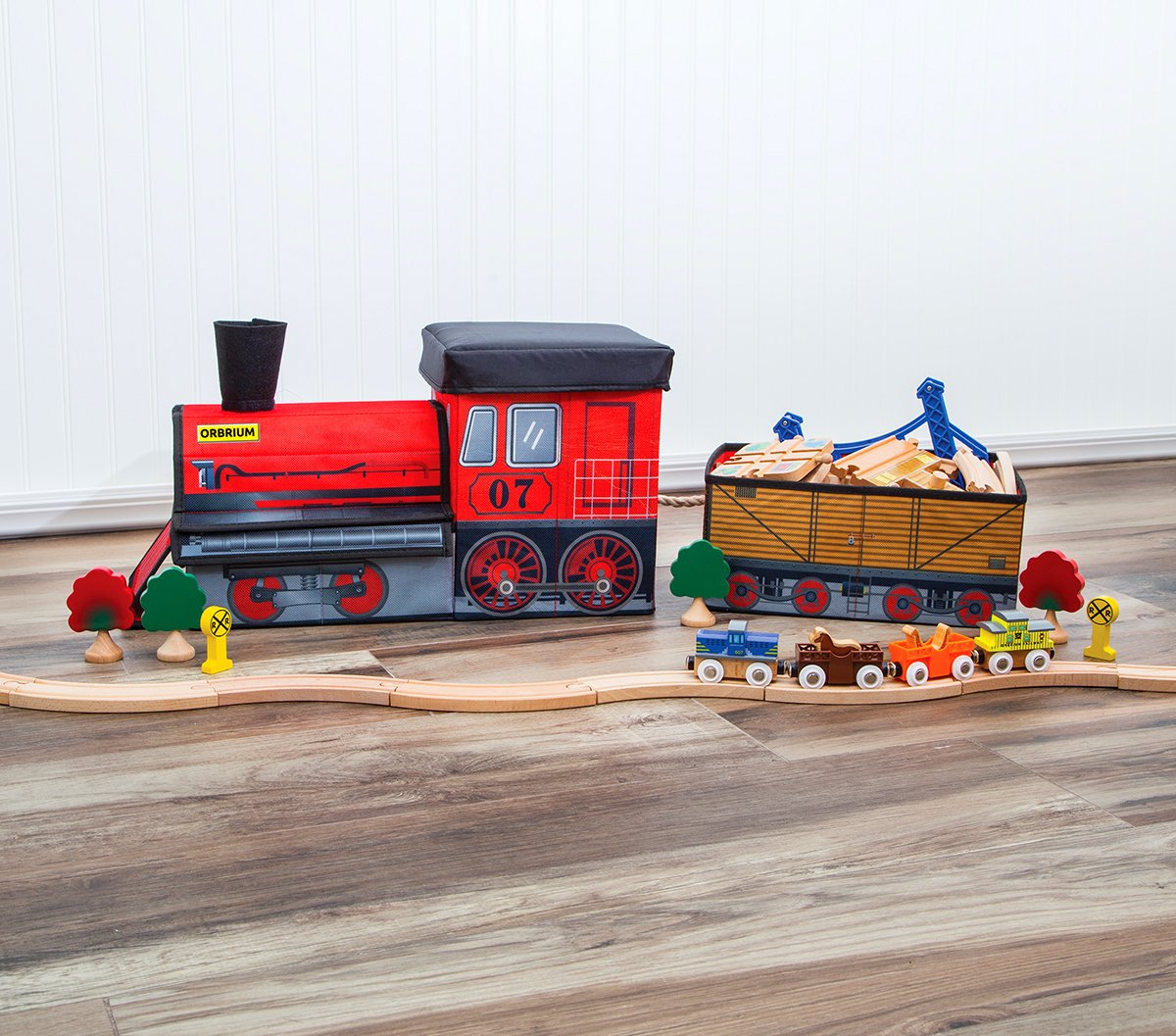 Collapsible Train-Shaped Toy Storage Bin Organizer for Thomas Wooden Train, Thomas the Tank Engine & Trackmaster Toys - Kids Room Organization & Playroom Storage Solution