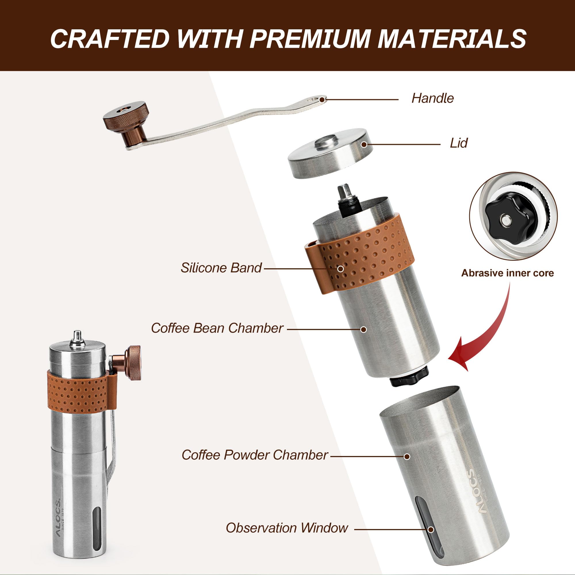 ALOCS Stainless Steel Manual Coffee Grinder - Adjustable Burr Mill for Fresh Ground Coffee Beans - Portable Hand Crank Coffee Maker for Home, Office, Travel & Camping - Perfect for Espresso, French Press & Cold Brew