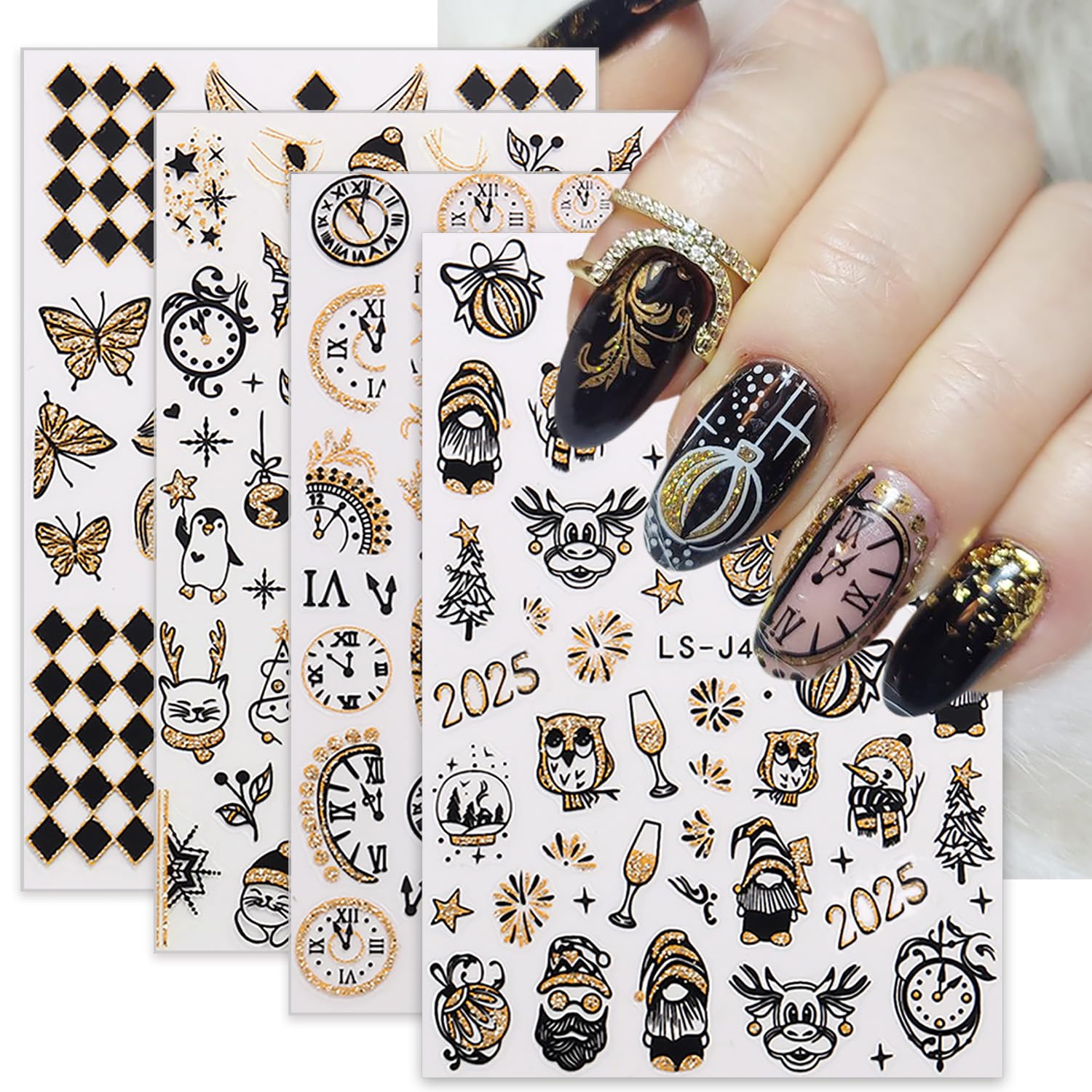 2025 Christmas Nail Art Stickers - 3D Gold Glitter New Year Nail Decals with Clock, Butterfly & Firework Designs | Luxury Winter Manicure Supplies for Holiday Parties, Gift Giving & Festive Nail Decorations