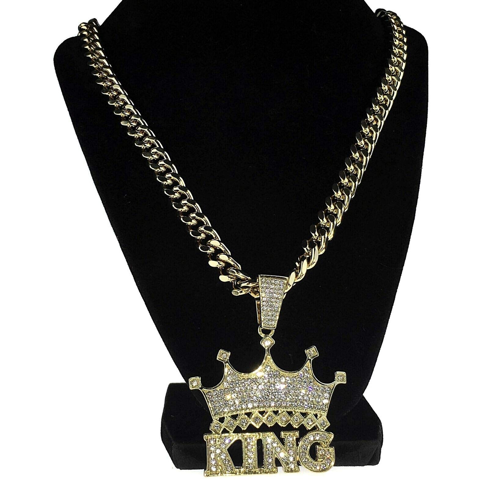 Men's Hip Hop Gold Plated Iced Out Crown King Pendant with 10mm 30 Inch Cuban Link Chain - Bling Statement Necklace for Rappers, Streetwear Fashion & Gift Giving