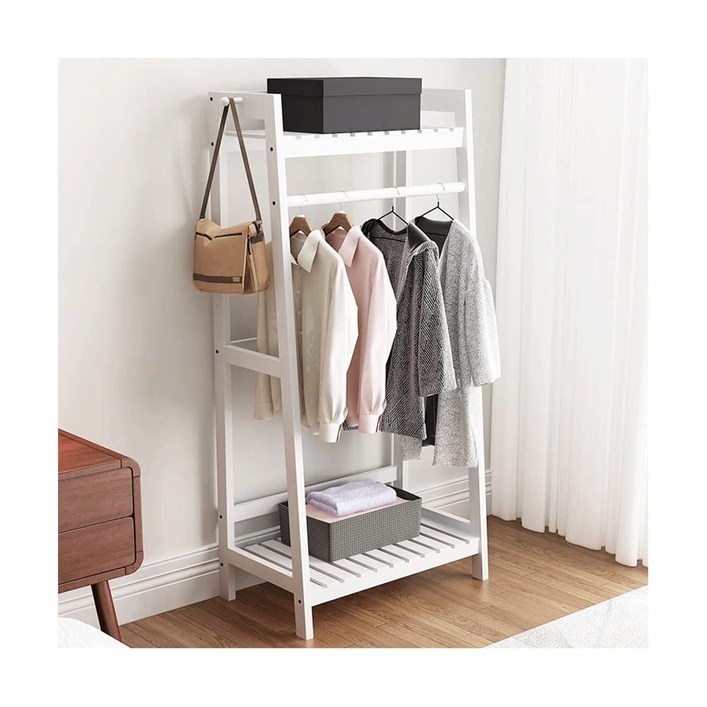 Heavy Duty Wooden Clothing Rack with Shelves - 70x40x146cm Open Wardrobe Organizer for Bedroom, Guest Room & Closet Storage - White Garment Hanger with Single Rod - Perfect for Seasonal Clothes, Coat Display & Home Organization