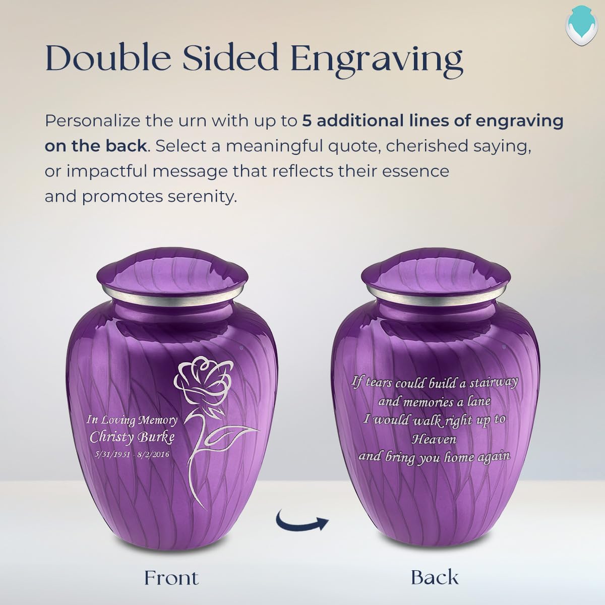 Personalized Rose Cremation Urn for Human Ashes - Large Pearl Purple Funeral Urn for Adults with Double Side Engraving | Holds 200 lbs | Memorial Keepsake for Loved Ones | Perfect for Home Display, Funeral Services & Memorial Ceremonies
