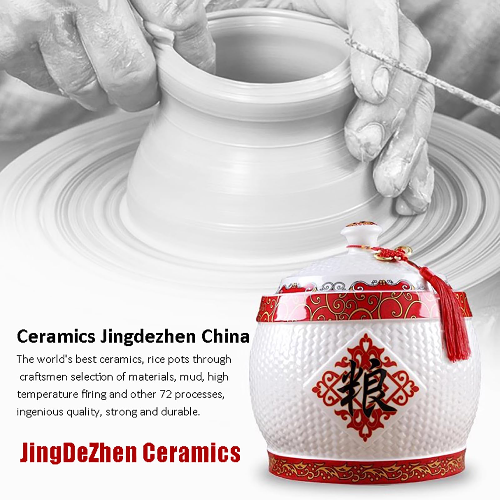 HM&DX Ceramic Rice Storage Containers with Lid - Airtight Porcelain Food Dispenser, Chinese Style Rice Jar & Flour Sugar Baking Storage Box for Kitchen Pantry Organization | Perfect for Rice, Grains, Flour, Sugar & Dry Food Storage
