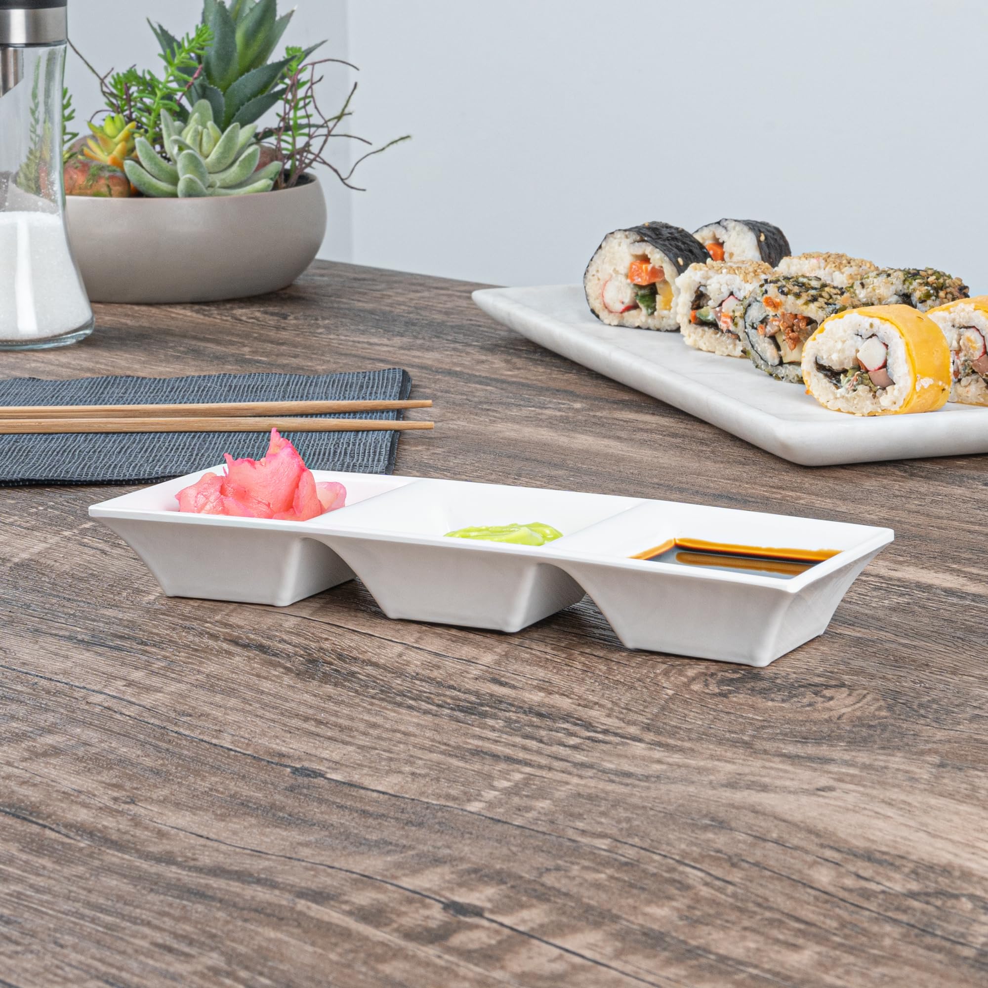 Voga 5 oz Square Melamine Serving Dishes - 3-Compartment Appetizer Plates for Dips, Snacks & Condiments | Party & Event Tableware | Durable White Restaurantware (Set of 10)