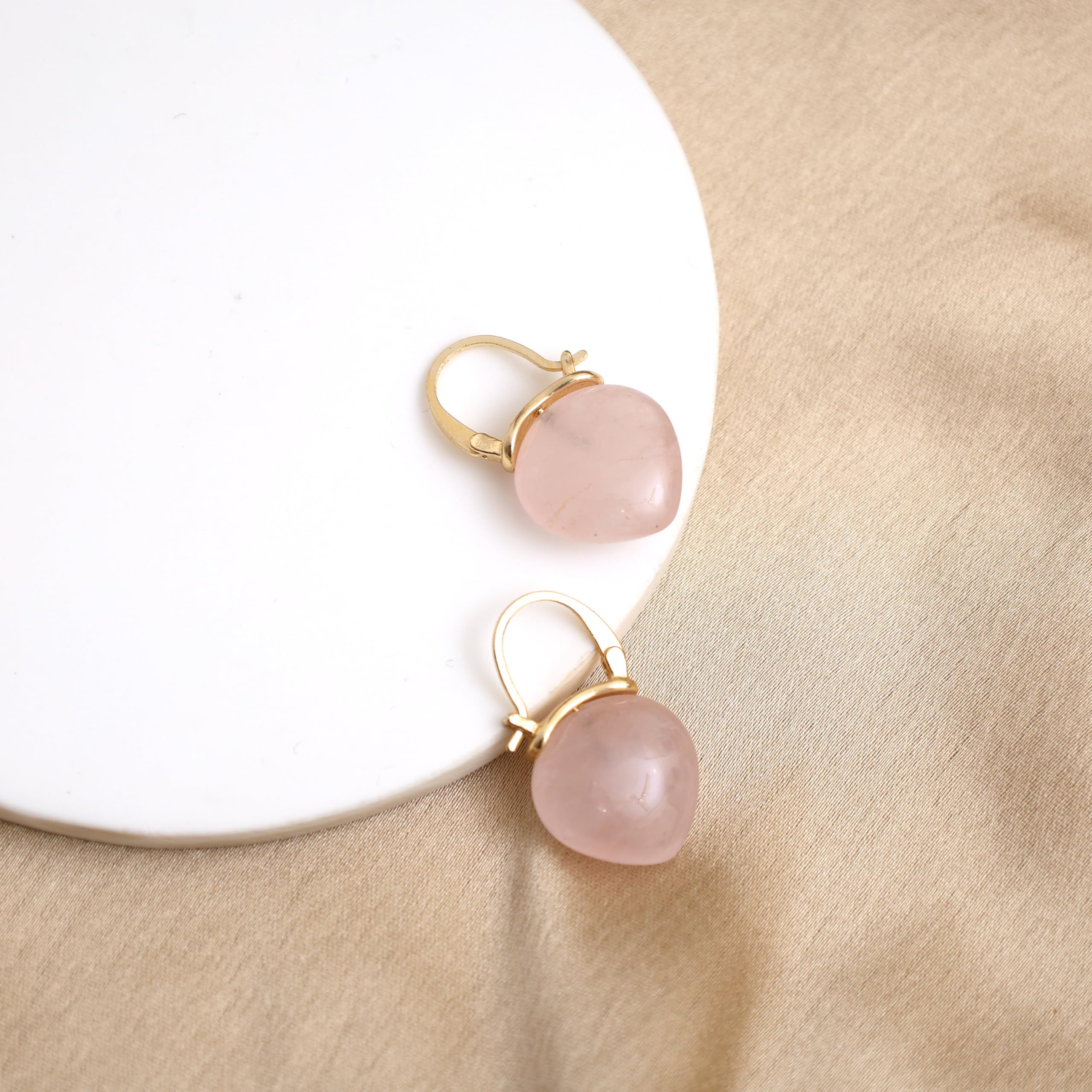 Gempires 15mm Rose Quartz Hoop Earrings for Women - 14k Gold Plated Pear Shaped Pink Crystal Dangle Drop Earrings | Perfect for Bridal, Wedding, Party & Everyday Wear