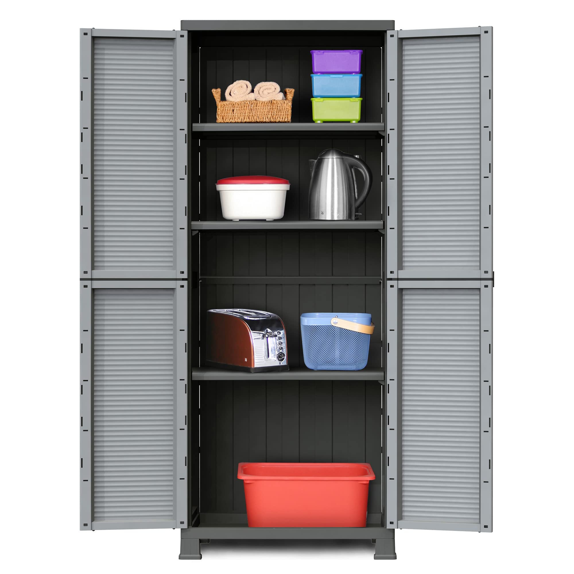 Ram Quality Products 3-Shelf Adjustable Tool Storage Cabinet with Lockable Doors - Heavy Duty Metal Utility Organizer for Garage, Workshop, Home & Outdoor Use - Gray