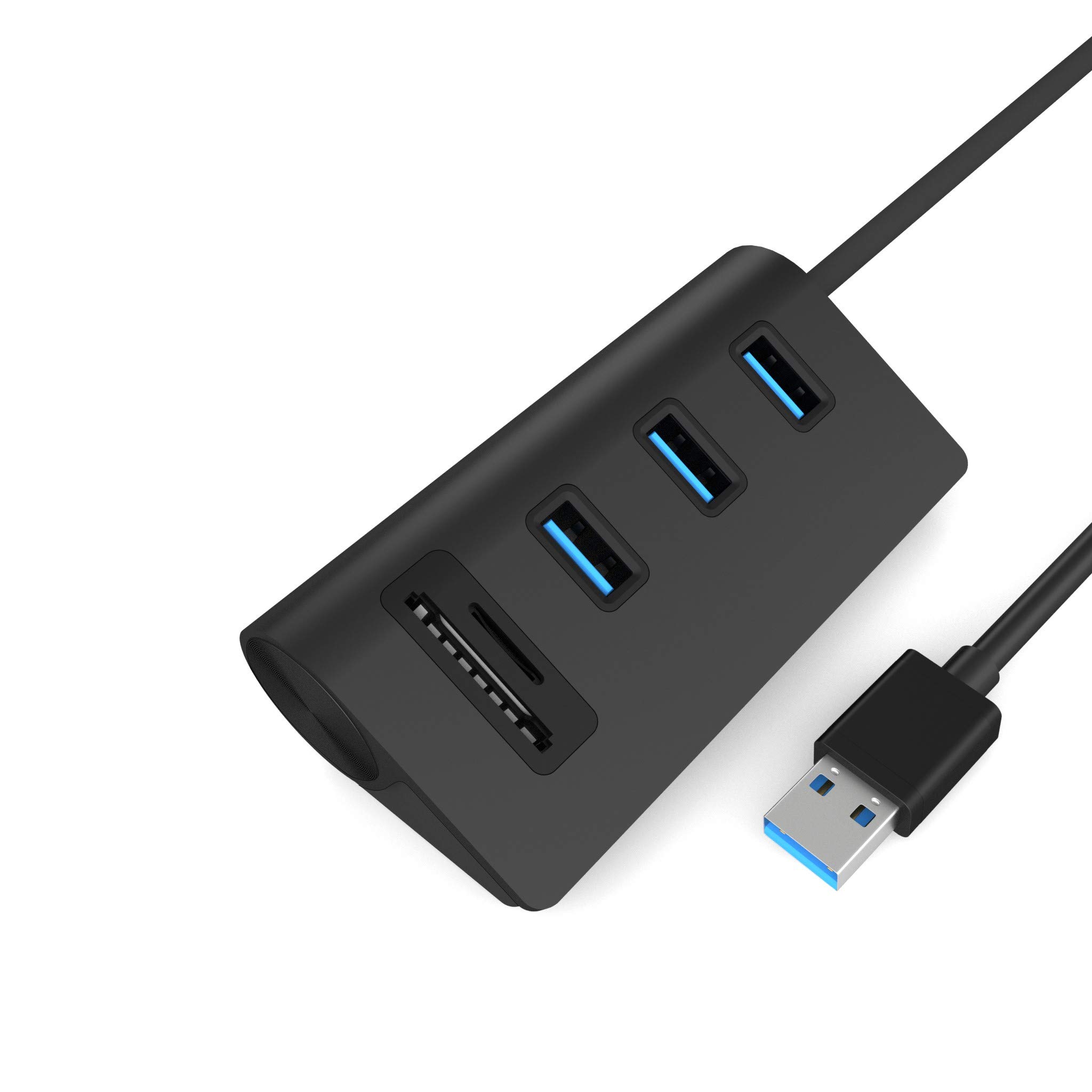 USB 3.0 Hub with 2-Slot Card Reader - 3-Port Aluminum USB Splitter for MacBook Pro/Air, iMac, PC & Laptop - High-Speed Data Transfer & Charging (Black) | Perfect for Home Office, Gaming Setup & Travel Accessories