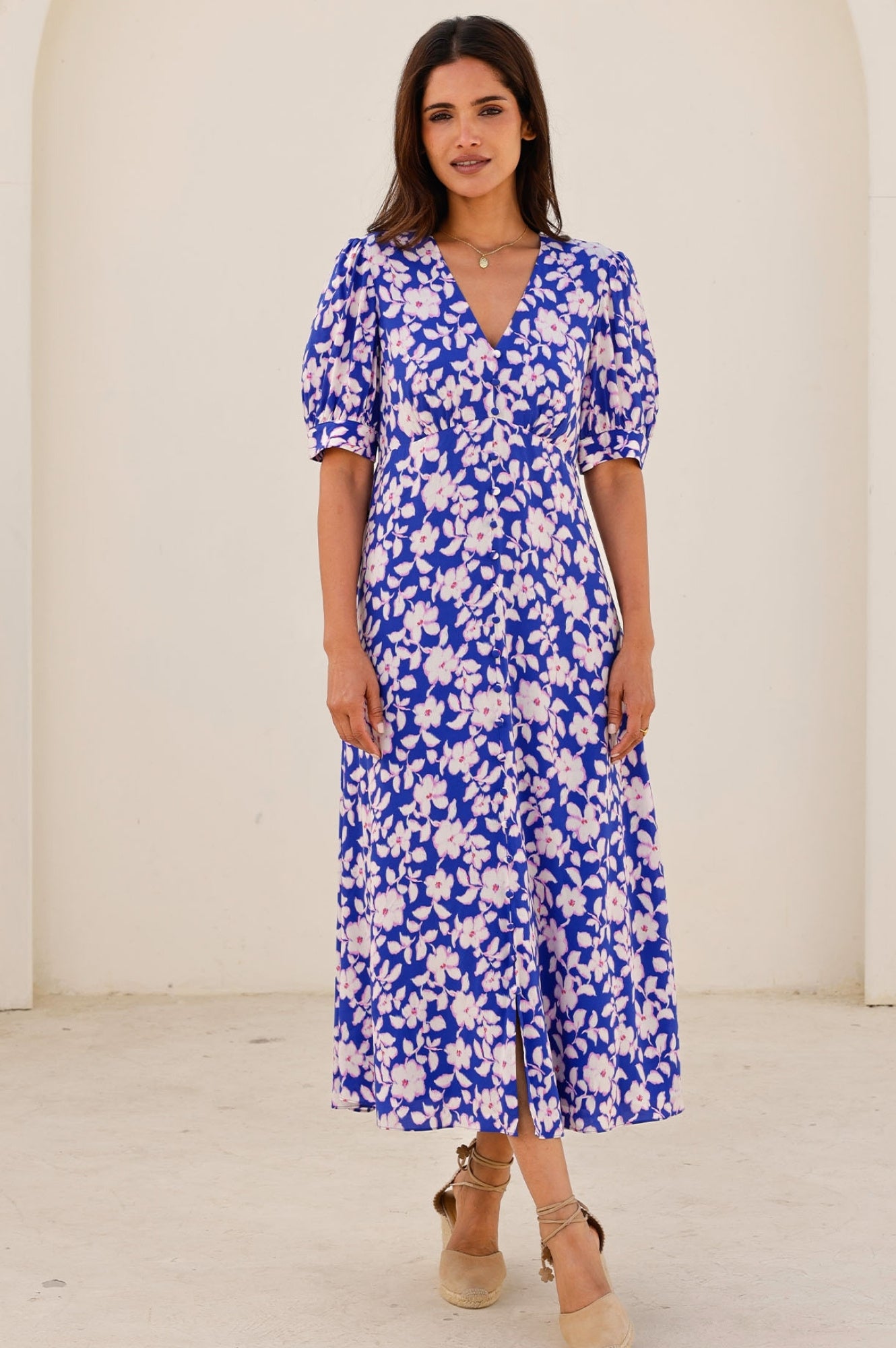 Anne Tea EcoVero™ Sustainable Floral Dress in Blossom Cobalt & Pink - Perfect for Spring Weddings, Garden Parties & Casual Outings