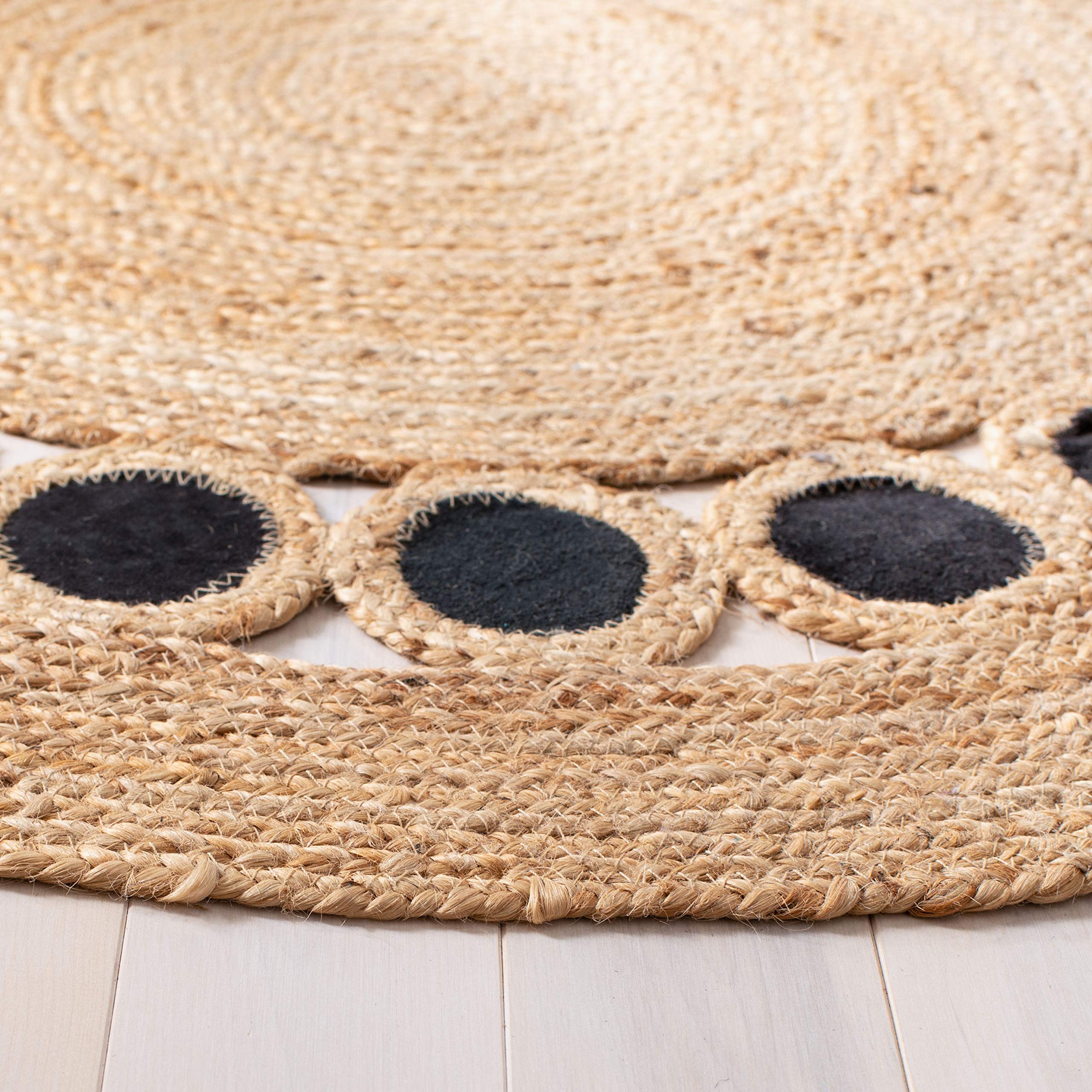 SAFAVIEH Natural Fiber Round Collection 6' Round Beige & Black NF370Z Handmade Boho Woven Jute & Leather Area Rug - Perfect for Living Room, Bedroom, or Boho Chic Home Decor