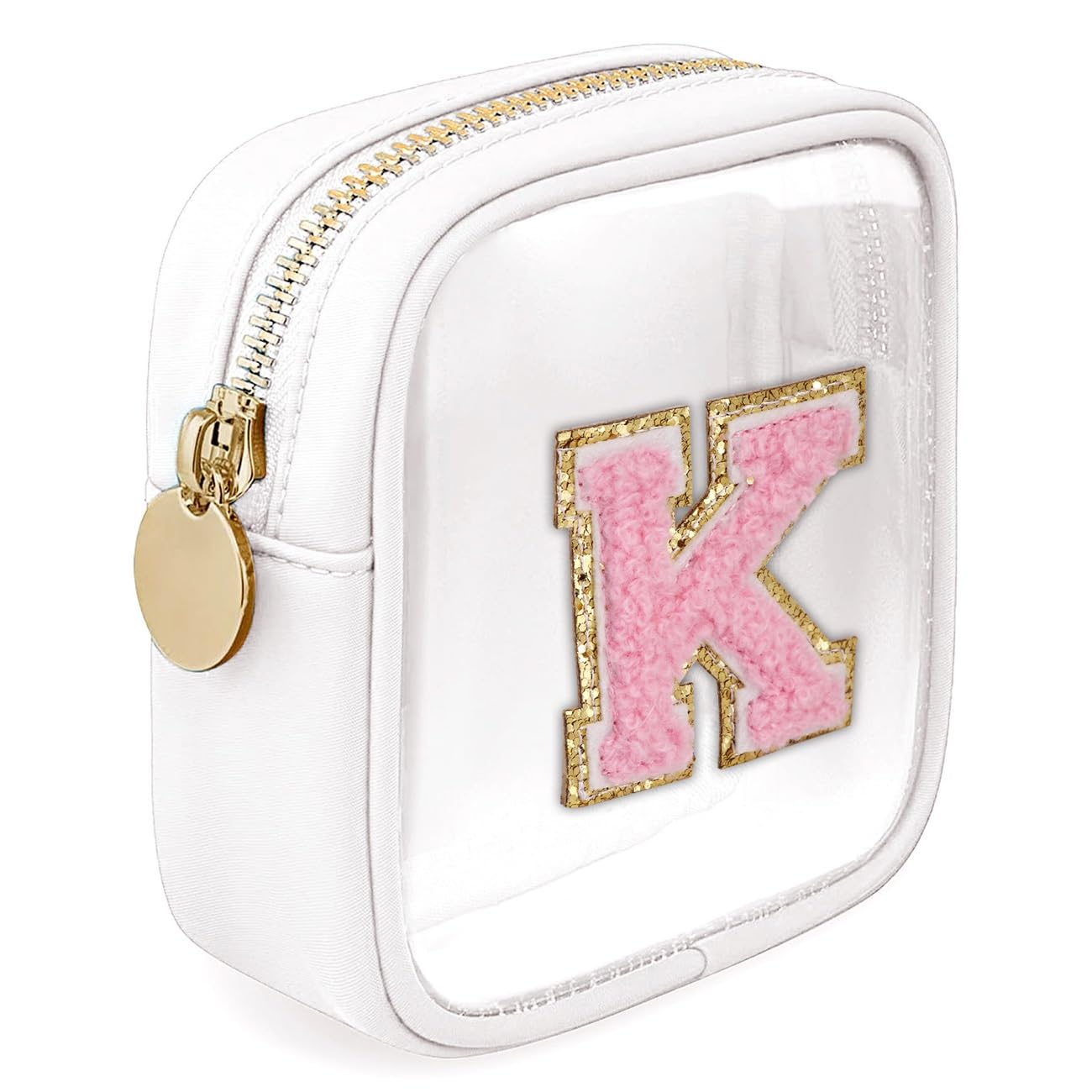 Clear Makeup Bag for Women - Mini Cosmetic Pouch with Zipper, Cute Travel Toiletry Organizer (White, Letter K) | Perfect for Travel, Gym & Daily Essentials Storage