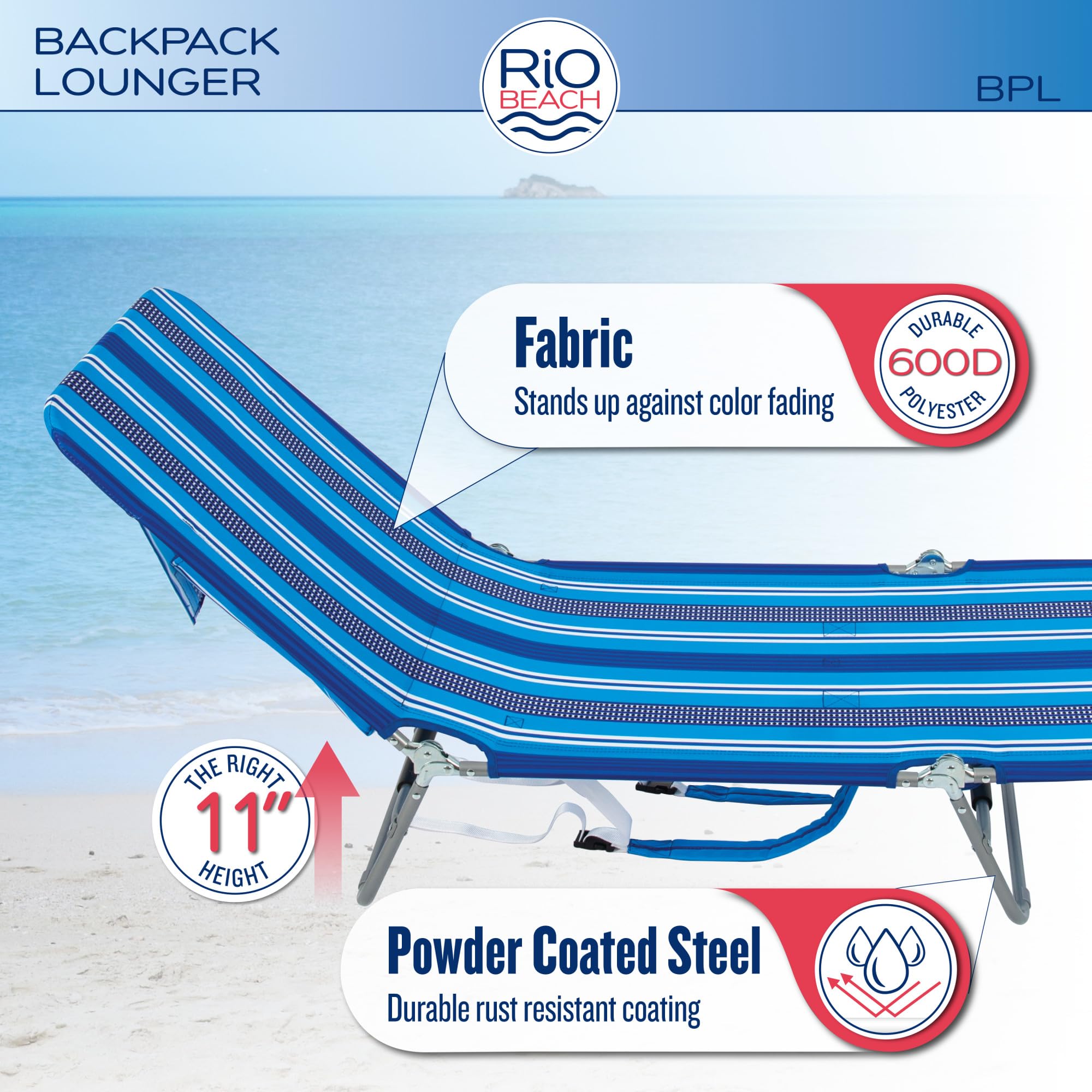 Rio Beach Portable Lay Flat Folding Backpack Beach Lounge Chair - Lightweight, Adjustable with Backpack Straps & Storage Pouch - Perfect for Beach, Pool, Camping & Outdoor Relaxation - Blue Stripe