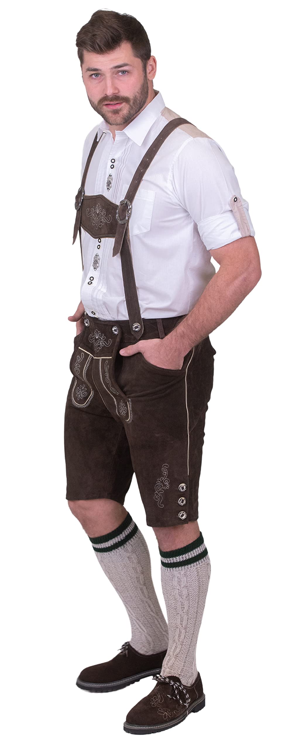 Authentic German Dirndl Trachten Haus 2-Piece Brown Leather Lederhosen Shorts for Oktoberfest | Traditional Bavarian Costume for Adults | Halloween Party Outfit & Cultural Events