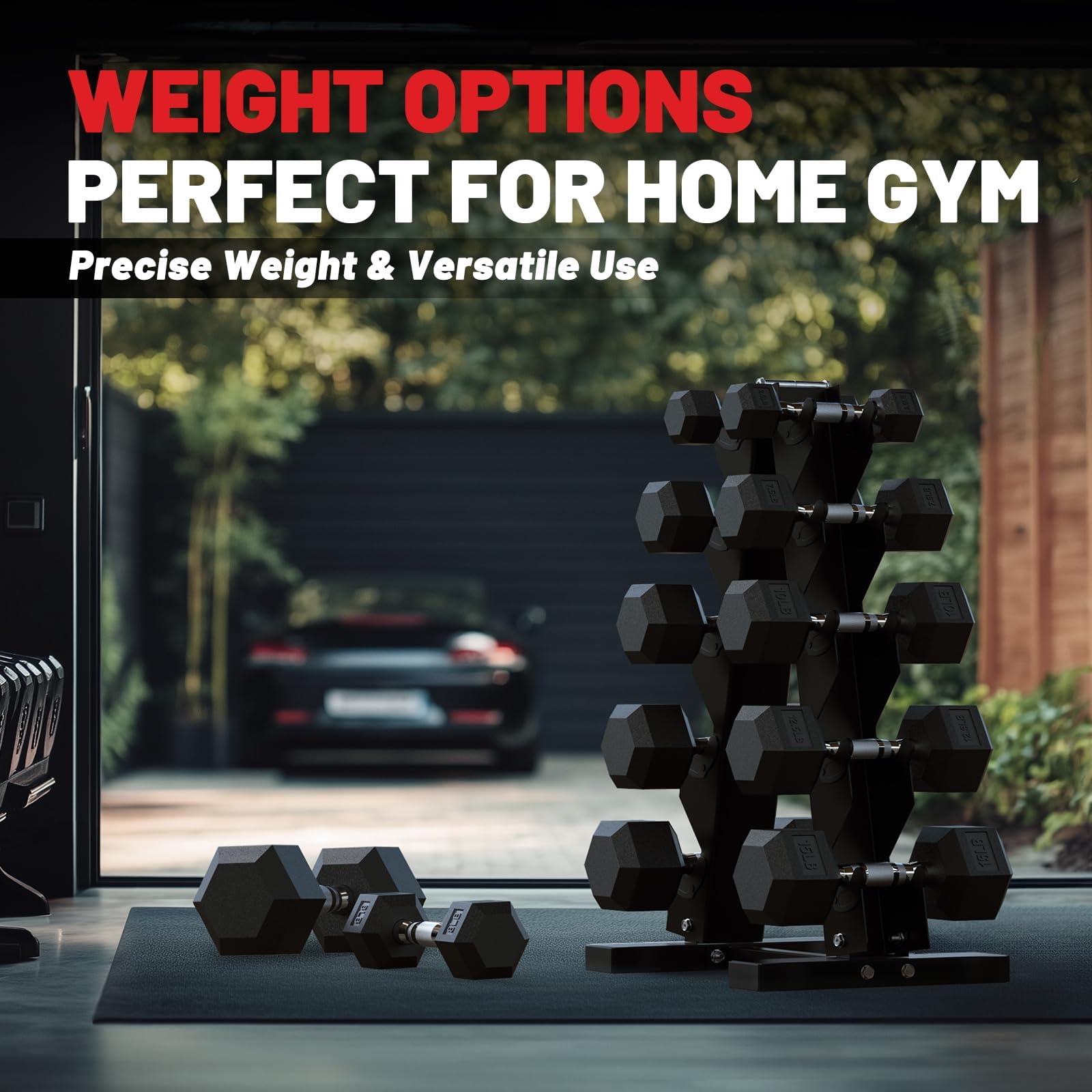 PAPABABE Hex Dumbbell Set with Storage Rack - 5-50lbs Rubber Coated Cast Iron Weights, Non-Slip Chrome Handles for Home Gym, Strength Training, CrossFit & Weightlifting | Space-Saving Design with Floor Protection & Noise Reduction | Perfect for Home Workouts, Garage Gym & Small Spaces