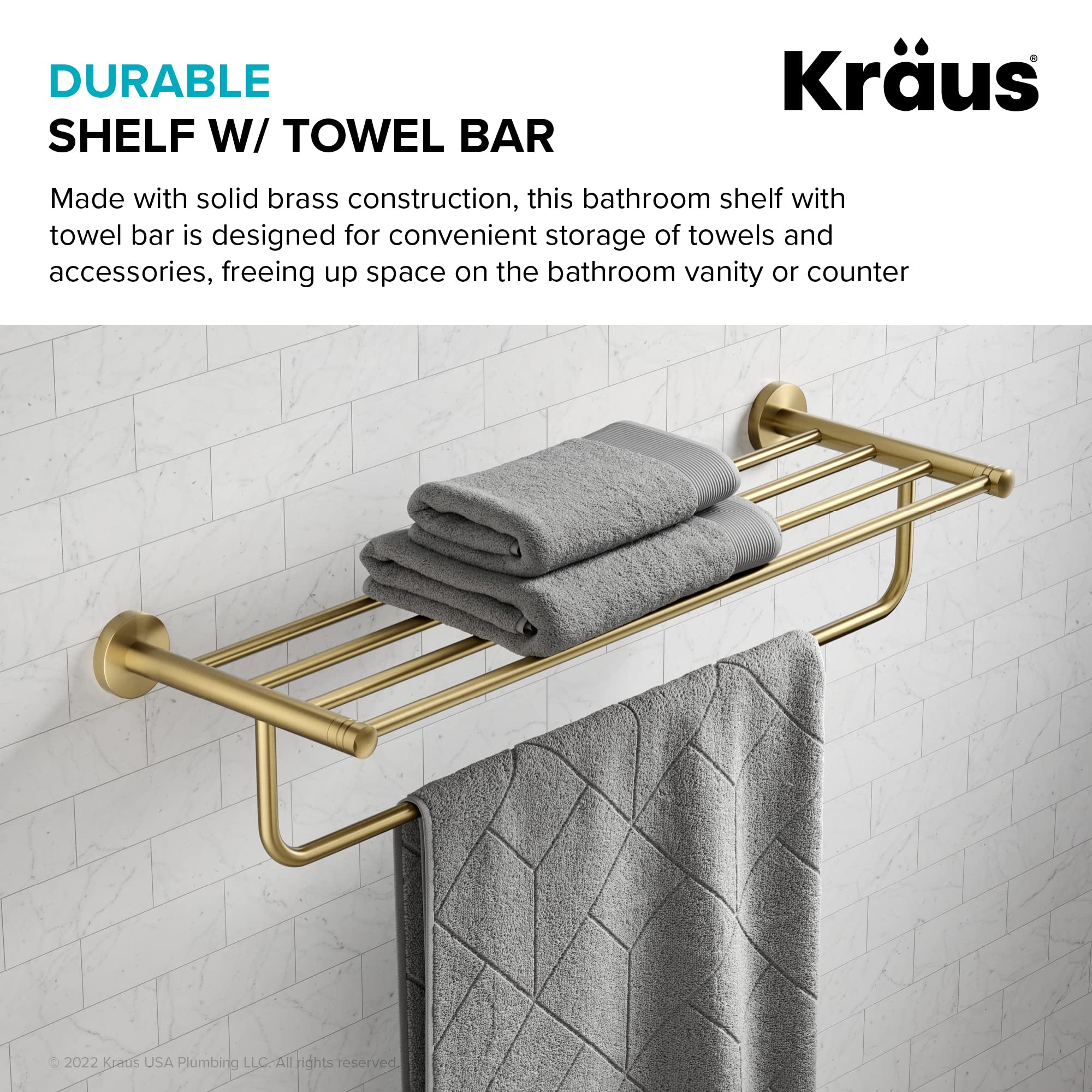 KRAUS Elie Brushed Gold Bathroom Shelf with Towel Bar - Wall Mounted Storage Organizer for Towels & Toiletries | Perfect for Small Bathrooms, Powder Rooms & Spa-Style Decor (Model KEA-18842BG)