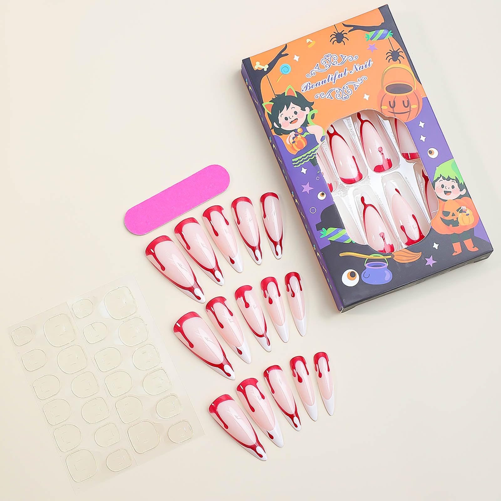 **Long Stiletto Press on Nails - Halloween Fake Nails with Blood Drop Designs, Red & White French Tip Glossy Artificial Nails - 24Pcs Horror Holiday Stick on Nails for Women - Perfect for Halloween Parties, Cosplay & Spooky Events**