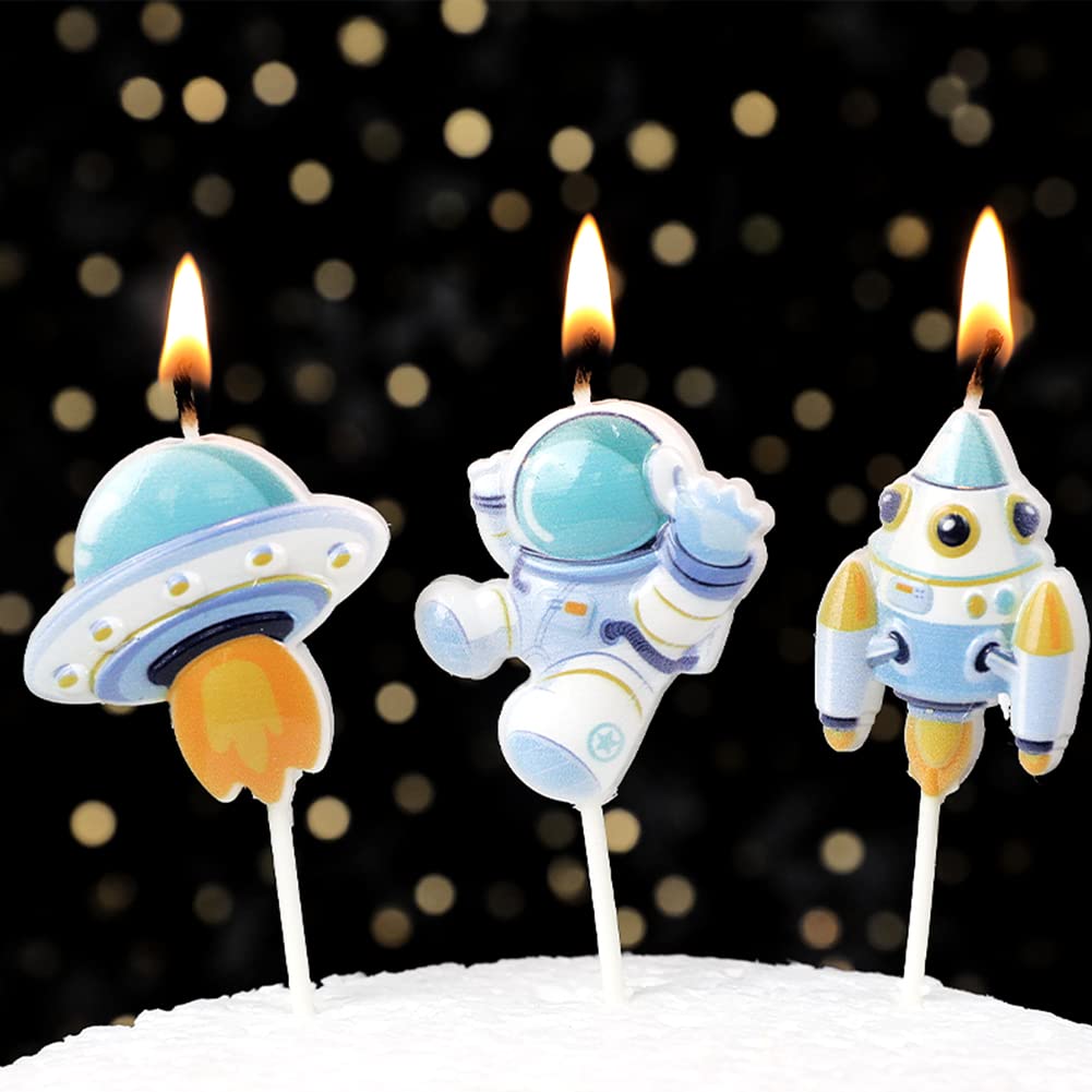 Spaceman Birthday Candles - Set of 3 Rocket & Astronaut Themed Candles for Birthday Parties, Baby Showers & Space-Themed Celebrations | Perfect for Cake Decorations & Kids' Space Adventures