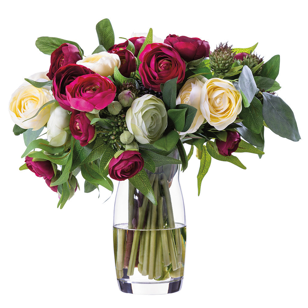 13.5Hx16W Mixed Ranunculus, Sedum & Eucalyptus Leaf Silk Flower Arrangement with Glass Vase - Burgundy & Yellow | Home Decor, Wedding Centerpiece, Table Decorations