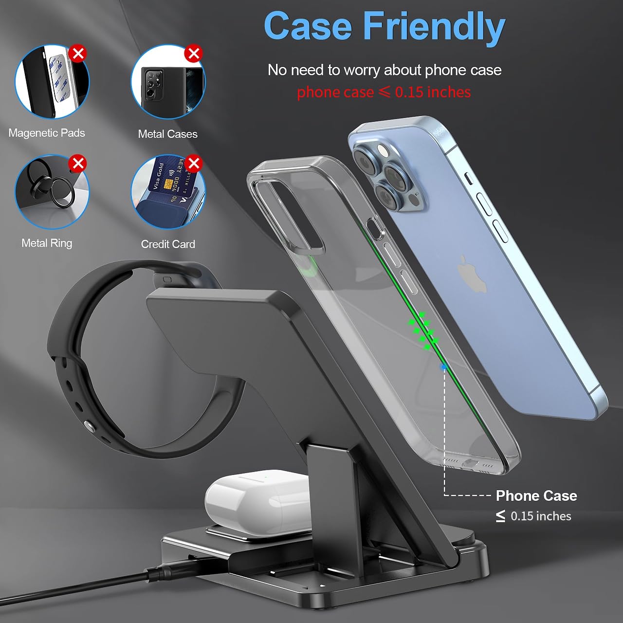 3 in 1 Wireless Charging Station for iPhone 16/15/14/13, Apple Watch & AirPods - Fast Qi-Certified Charger Stand with Night Light | Perfect for Bedside, Office Desk & Travel Accessories
