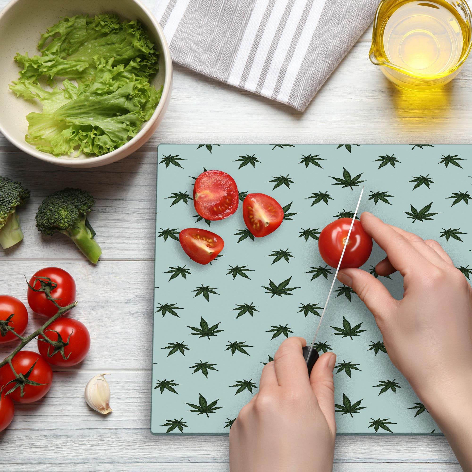Ambesonne Botanical Tempered Glass Cutting Board - Large Dark Green & White Leaf Floral Hemp Herbs Design - Decorative Serving Tray for Kitchen, Charcuterie & Entertaining - Dishwasher Safe