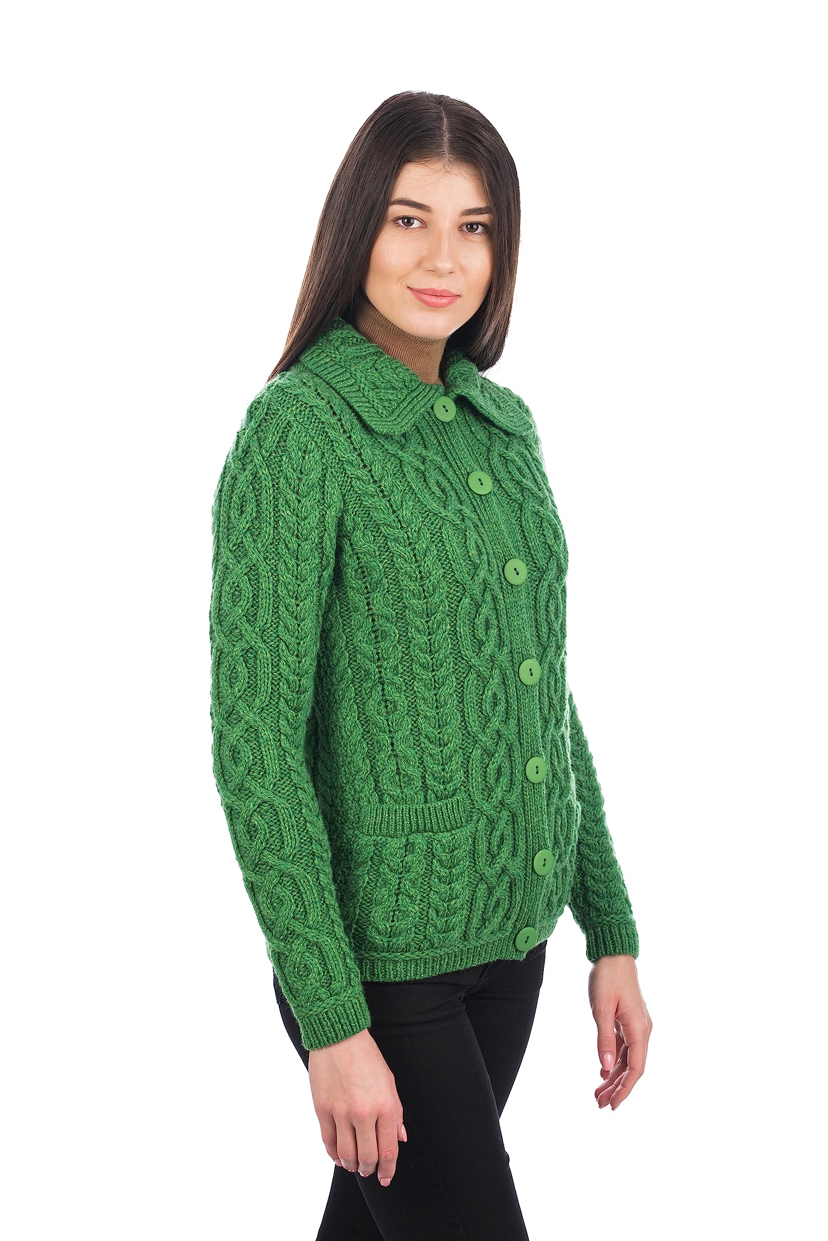 SAOL Women's 100% Merino Wool Irish Aran Cardigan Sweater - Celtic Knit Design with Pockets | Warm Winter Coat for Casual Outings & Office Wear