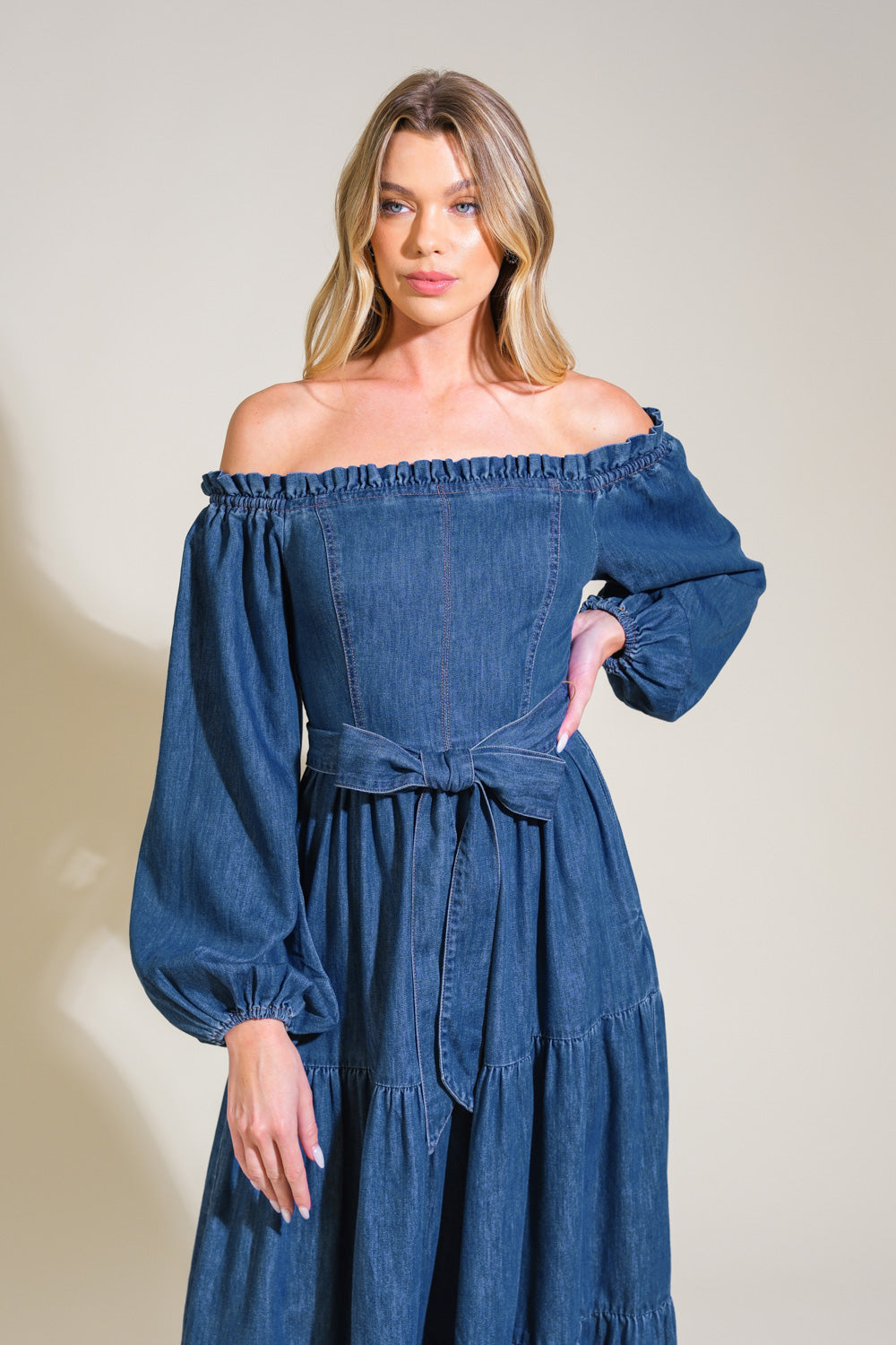 Stylish Off Shoulder Denim Midi Dress with Long Sleeves - Women's Fashion Casual & Party Wear for Date Night or Weekend Outings