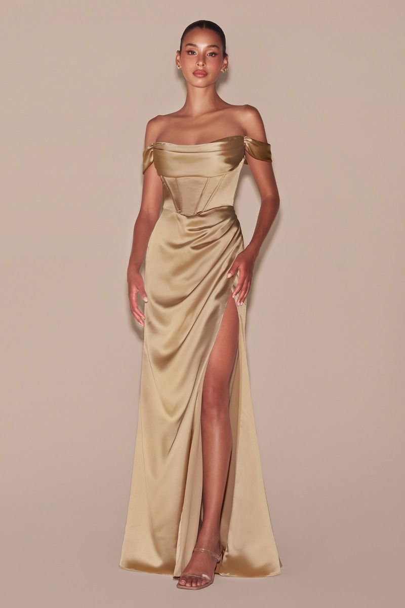 Luxury Champagne Satin Off-the-Shoulder Corset Gown - Mabel Gown for Evening Dresses, Prom, Wedding & Special Occasions