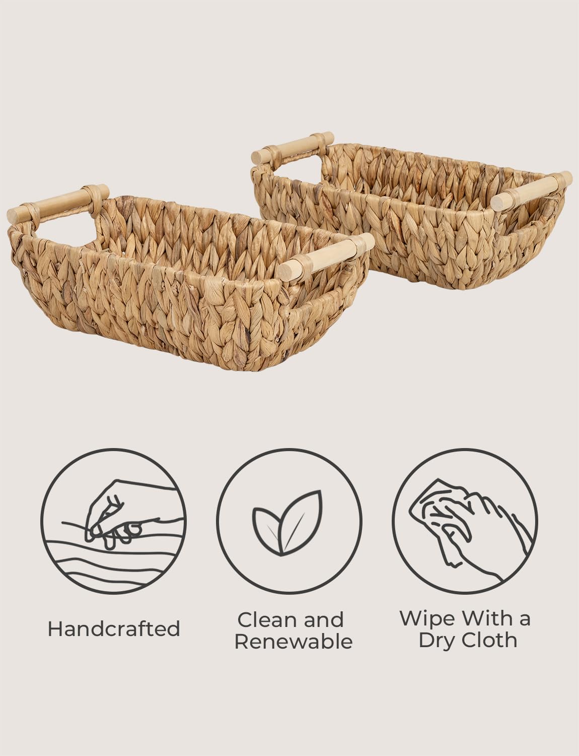 StorageWorks Hand-Woven Small Wicker Baskets - Natural Water Hyacinth Storage Baskets with Wooden Handles, 2-Pack Set for Home Organization, Bathroom & Nursery Decor | Perfect for Shelves, Countertops and Gift Giving
