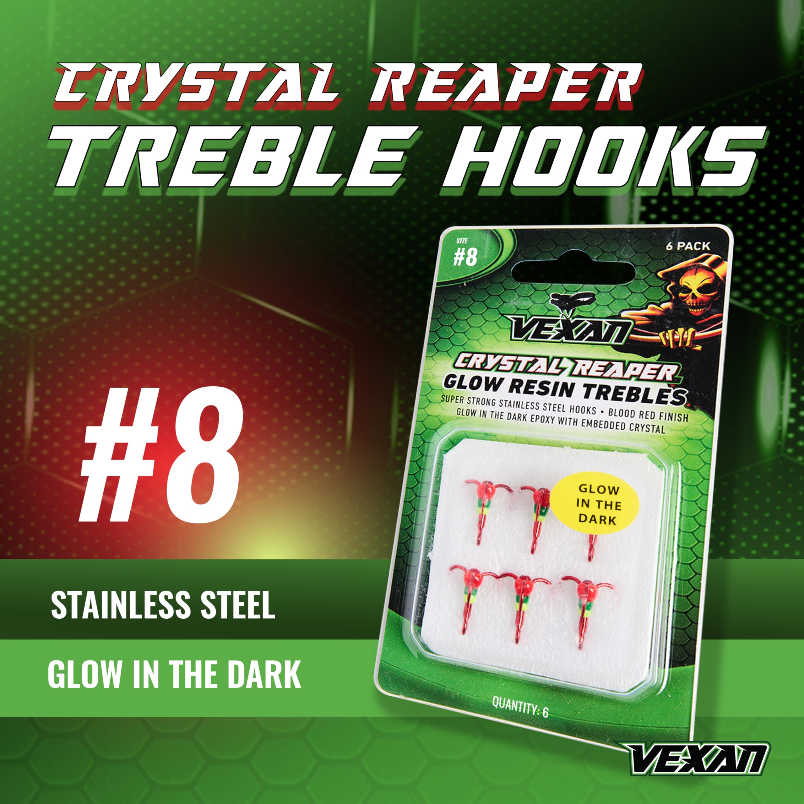 Vexan Glow Crystal Treble Hooks - High Carbon Steel Fishing Hooks for Saltwater & Freshwater - Ultra Sharp & Strong Treble Hooks for Bass, Trout, Walleye - Perfect for Night Fishing and Deep Sea Angling