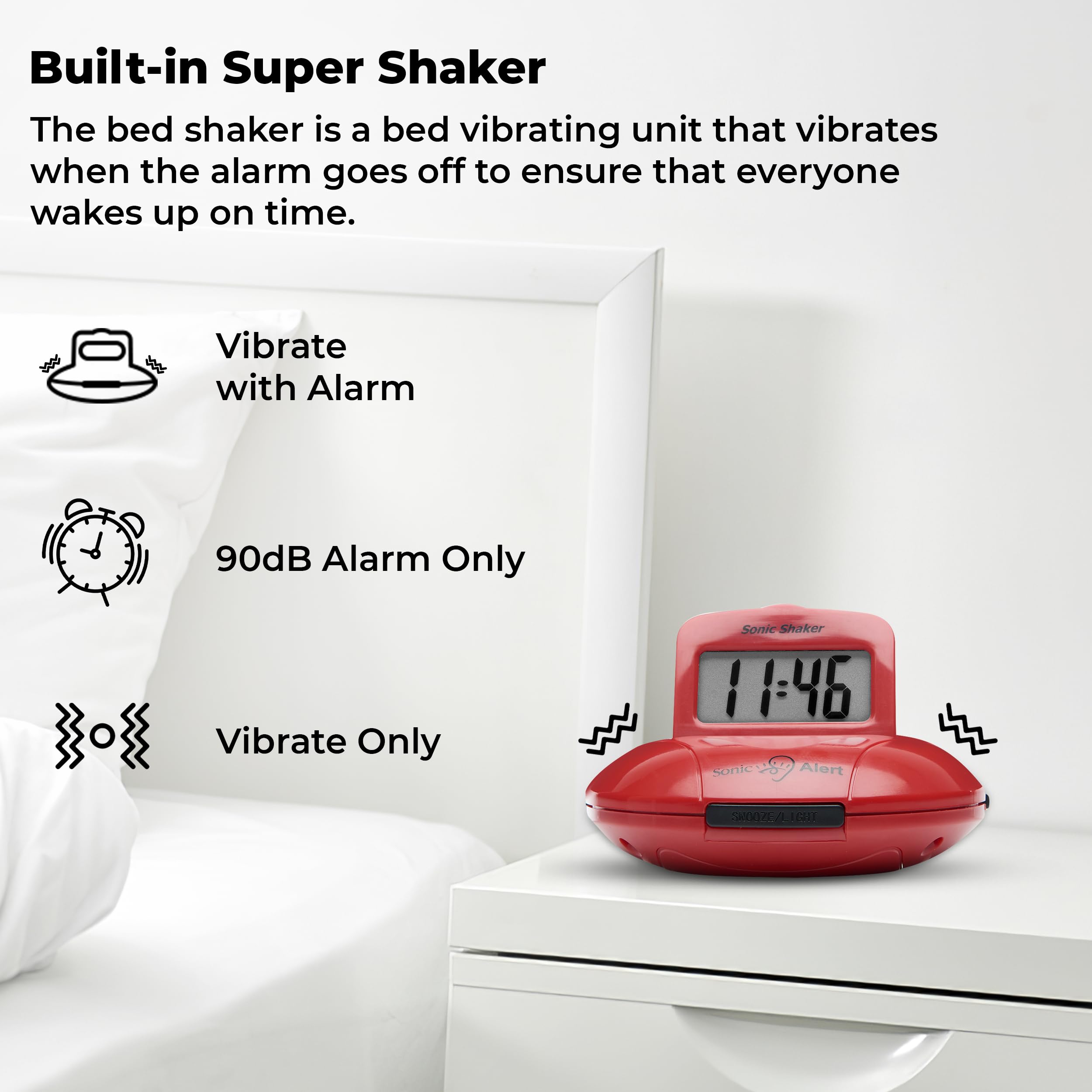 Sonic Alert Digital Alarm Clock for Heavy Sleepers - Loud Bed Shaker & Vibrating Alarm Clock Under Pillow - Battery Powered Travel Alarm Clock (Red) - Perfect for Deaf, Seniors, and Deep Sleepers at Home or Traveling