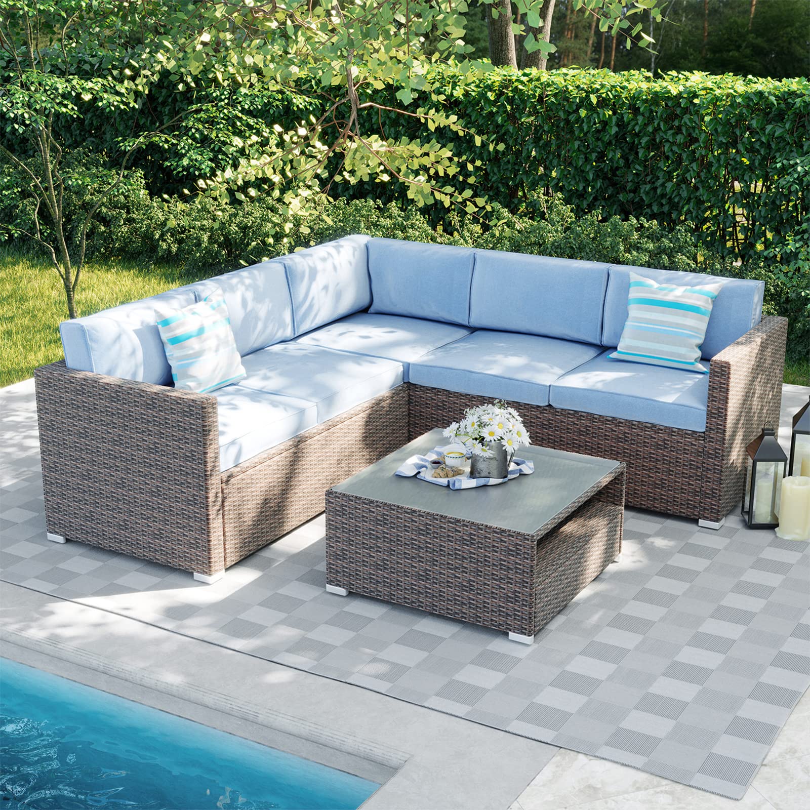 **SUNBURY 4-Piece Outdoor Sectional Sofa Set with Blue Thick Cushions & Tempered Glass Coffee Table - Patio, Backyard, Garden Conversation Furniture for Relaxing & Entertaining**