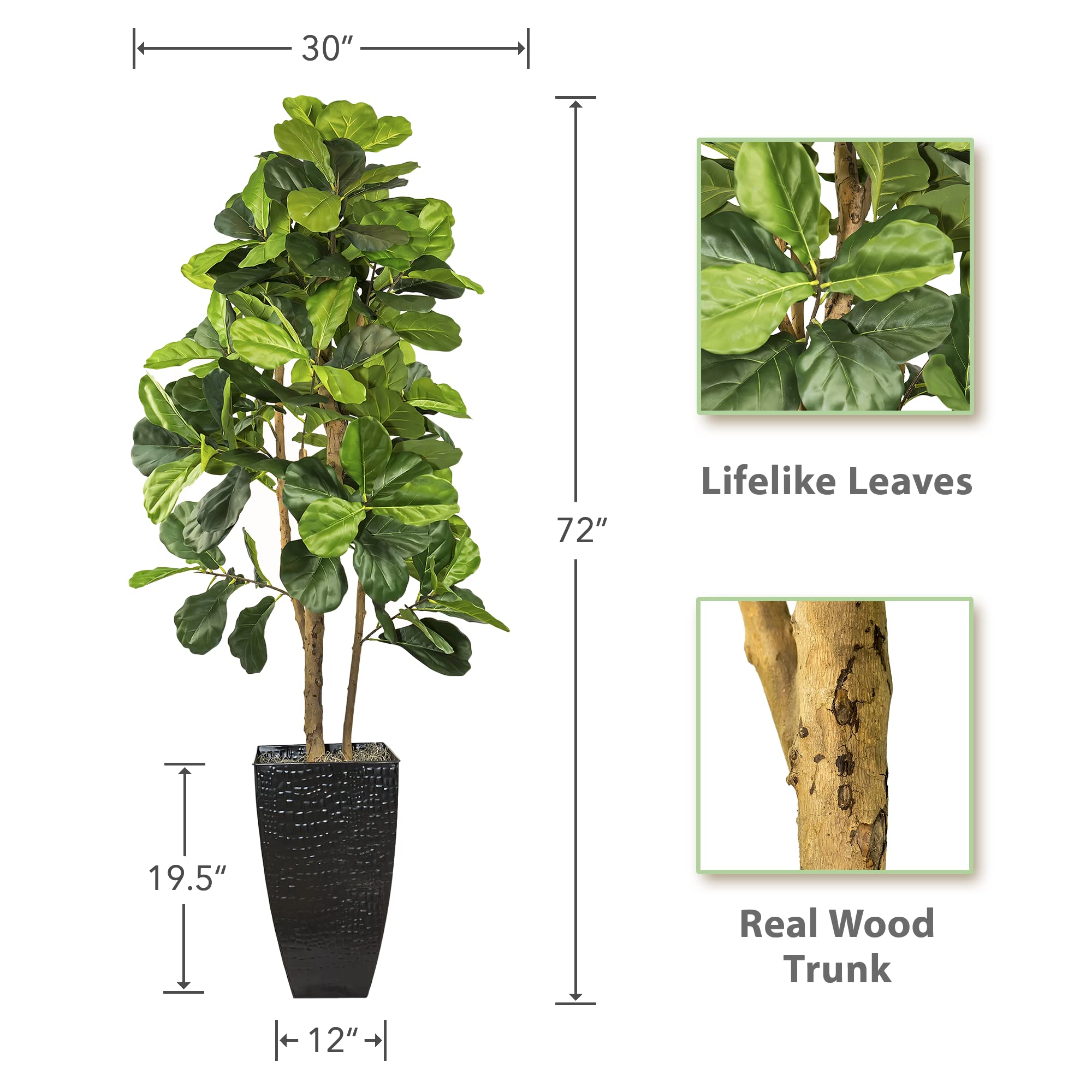 6FT Artificial Fiddle Leaf Fig Tree with Real-Wood Trunk & Black Metal Pot - Indoor Outdoor Faux Plant for Home, Office Decor - Perfect for Living Rooms, Bedrooms, Patios & Balconies (6 Feet Tall, Black Planter) - Adds Tropical Vibes to Any Space
