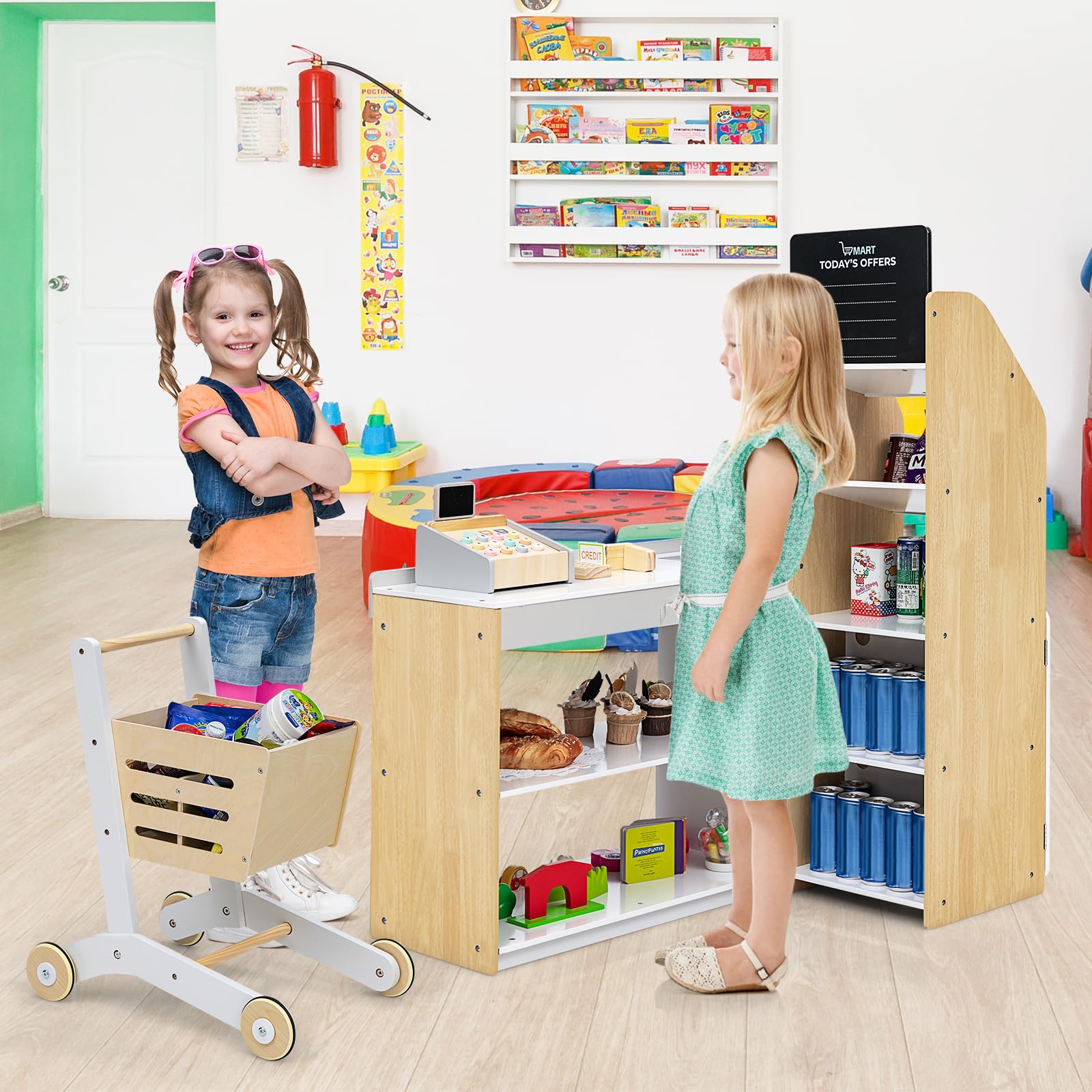 GLACER Wooden Kids Grocery Store Pretend Play Set with Cash Register, Shopping Cart, Blackboard & Play Coins - Educational Toy for Toddlers 3+ Years - Perfect Gift for Boys & Girls - Pretend Shopping Game for Preschool Learning & Role Play Fun
