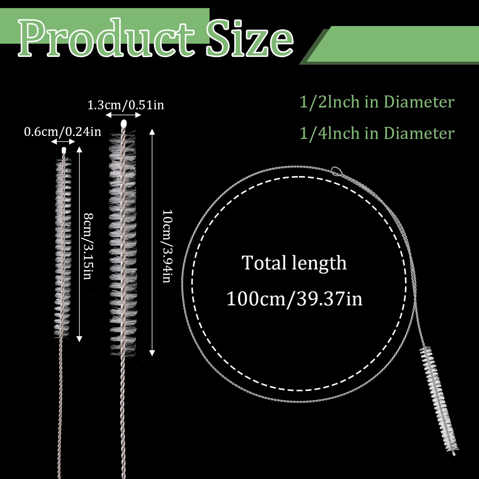 4-Pack 40-Inch Stainless Steel Pipe Cleaner Brush with Nylon Bristles - Long Flexible Tube Cleaner for Aquariums, Home Kitchen, Straws & Narrow Bottles - Heavy Duty Cleaning Brush for Hard-to-Reach Areas