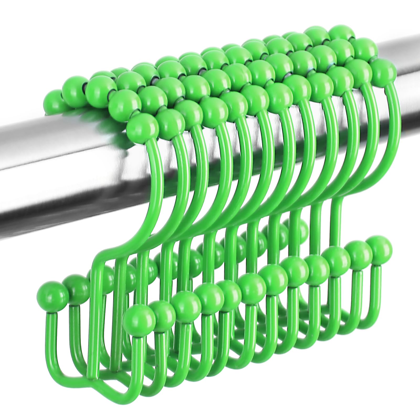 Premium 304 Stainless Steel Shower Curtain Hooks - Set of 12 Double Glide Bathroom Rings for Shower Rods & Curtains, Fluorescent Green (Style A) - Ideal for Bathroom Decor, Spa-Like Showers & Easy Curtain Adjustment