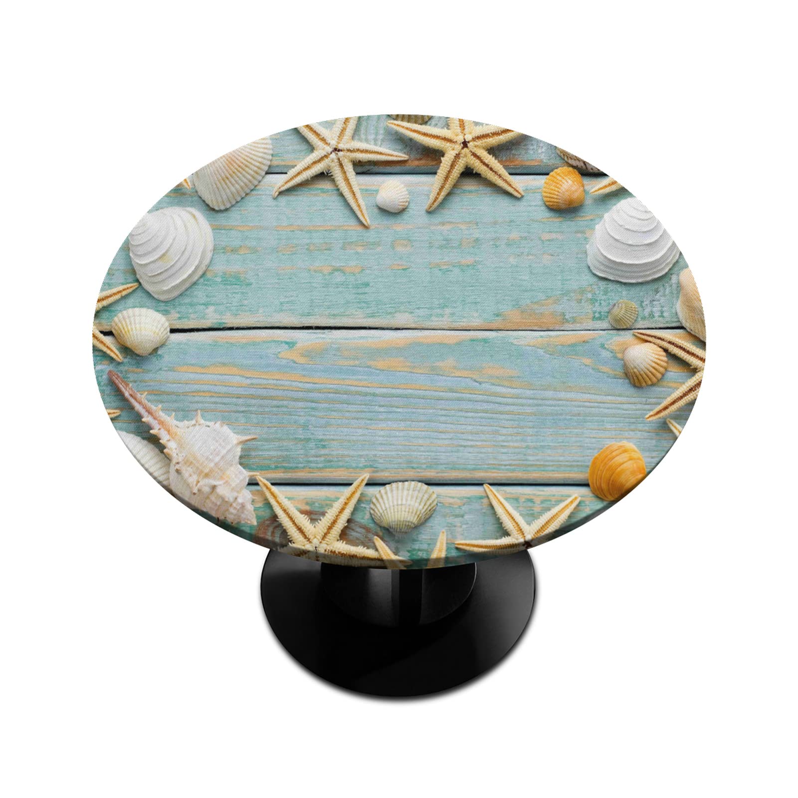 Beach Wooden Starfish Round Tablecloth with Elastic Edge - Summer Ocean Seashells Fitted Table Cover for Dining, Kitchen, Party (45
