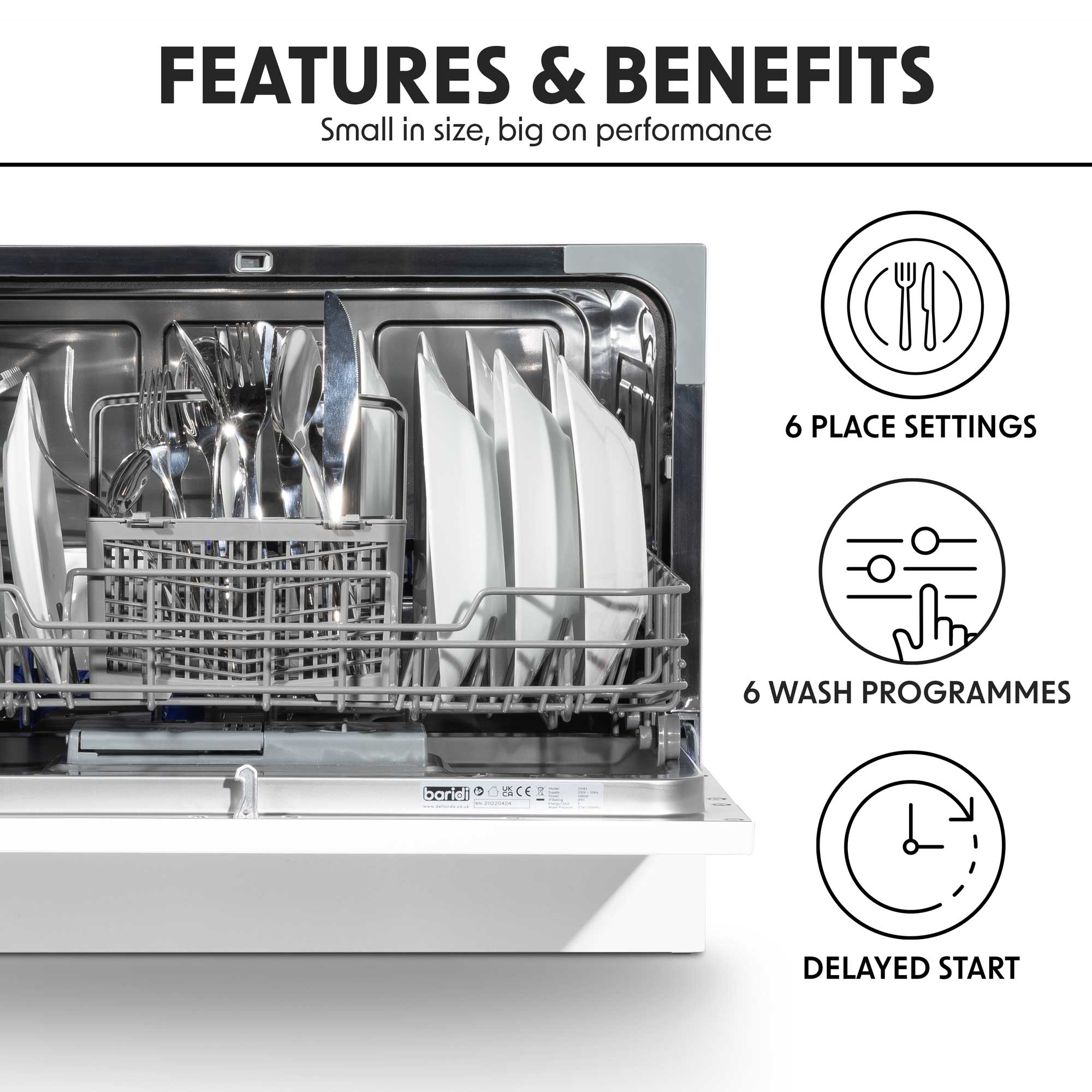 **Baridi Compact Tabletop Dishwasher – 6 Place Settings, 6 Wash Programs, Ultra Quiet (42dB), 6.5L Capacity, Energy Efficient, White (Model DH83) – Perfect for Small Kitchens, Apartments, RVs & Dorm Rooms**