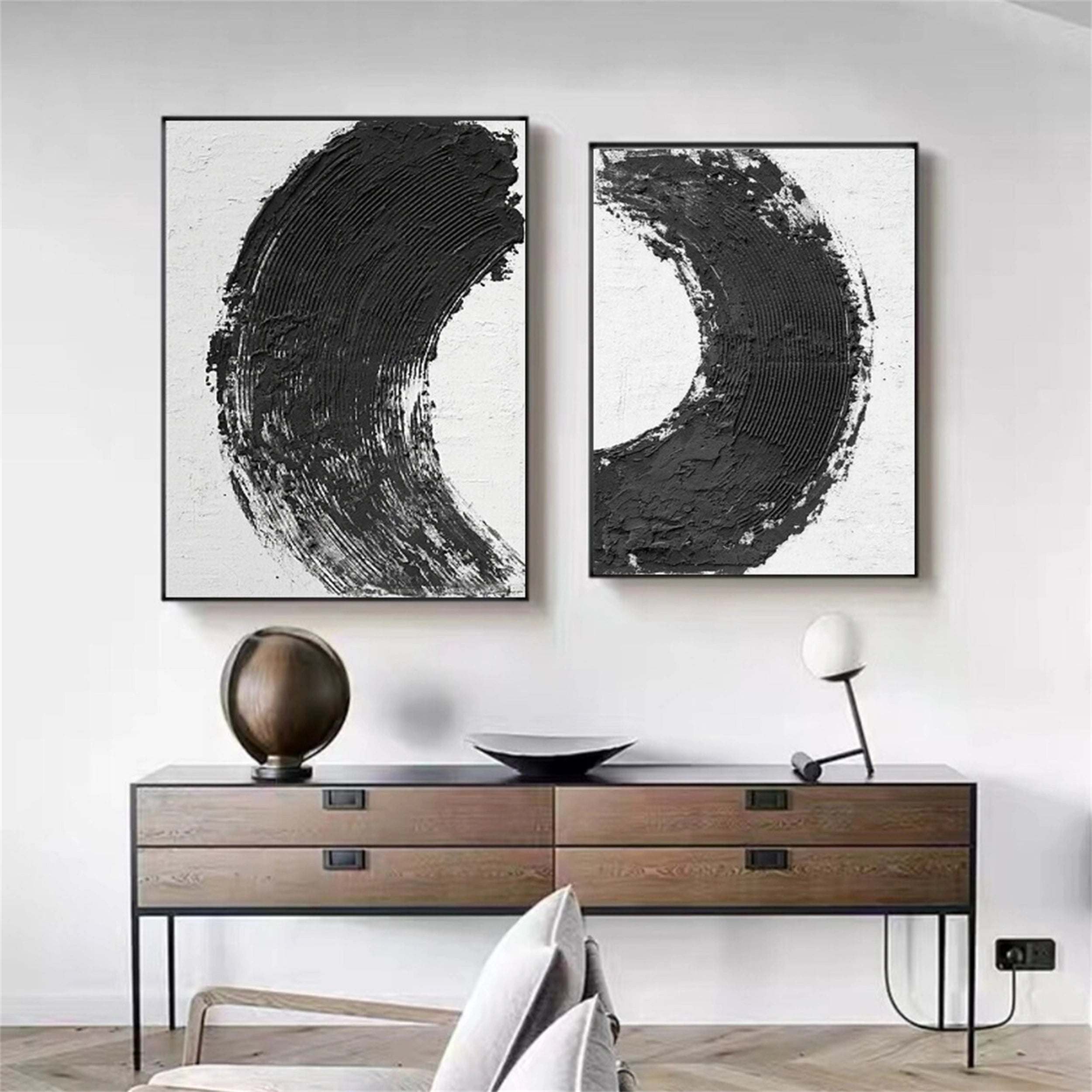 Modern Black and White Textured Minimalist Wall Art Set of 2 - Abstract Canvas Paintings for Living Room, Bedroom & Office Decor | #MZ070