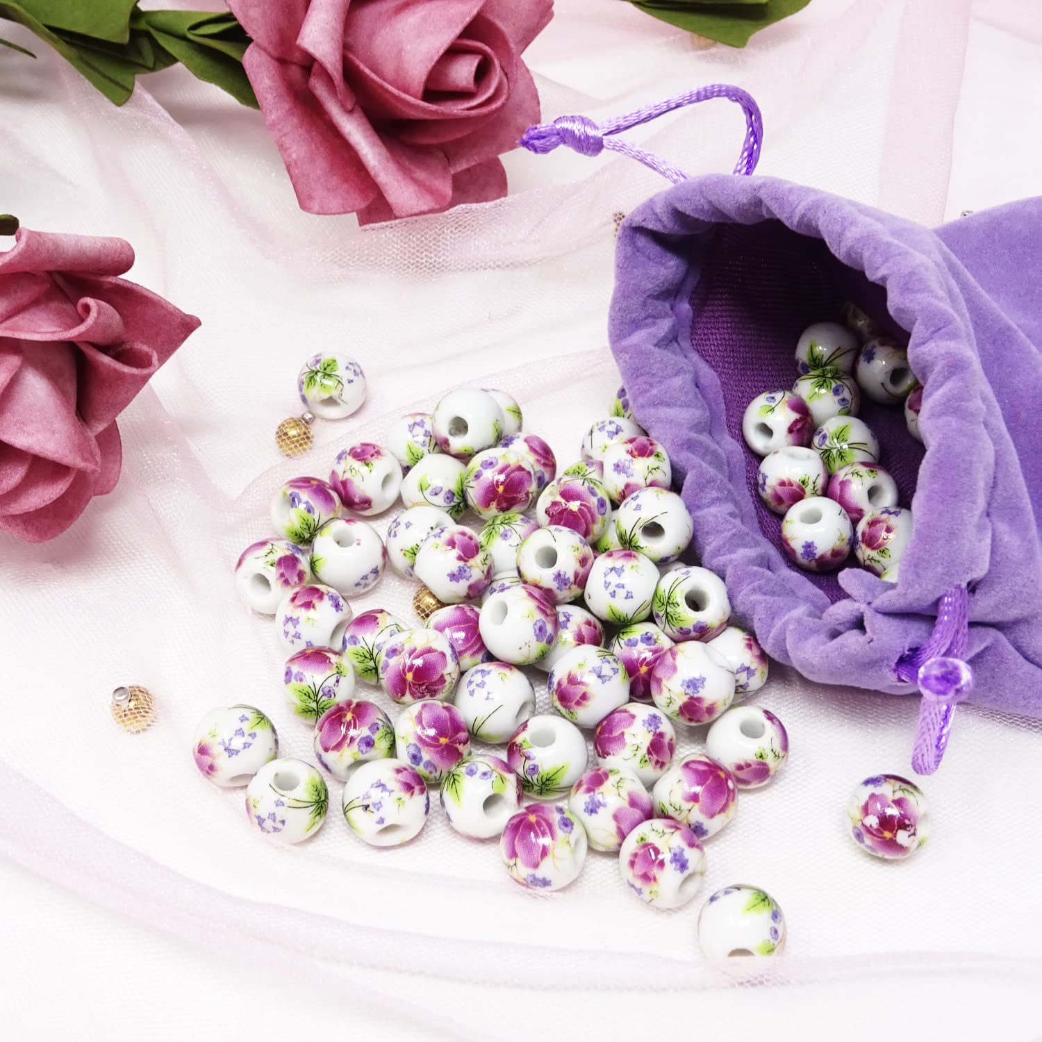100PCS 10mm Ceramic Beads for Jewelry Making - Purple Peony Porcelain Flower Spacer Beads with Drawstring Bag - DIY Craft Supplies for Necklaces, Earrings, Bracelets - Perfect for Handmade Gifts & Boho Style Accessories