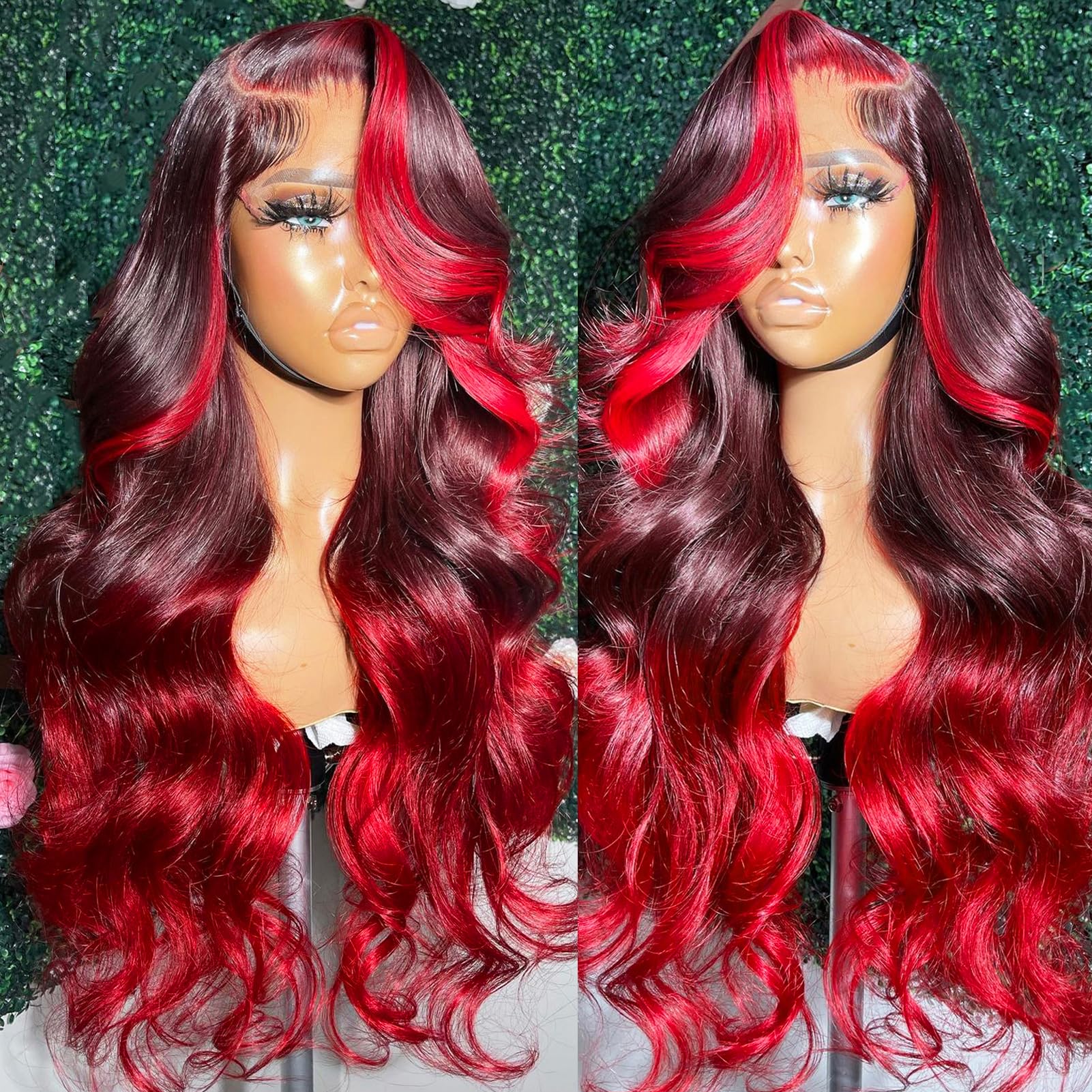 YMS Hot Red HD Lace Front Wigs 18 Inch - 180% Density Human Hair Wigs for Women with Skunk Stripe & Body Wave Ombre - Glueless 13x4 Lace Frontal Wig with Pre Plucked & Bleached Knots - Perfect for Cosplay, Parties, and Daily Fashion Styling