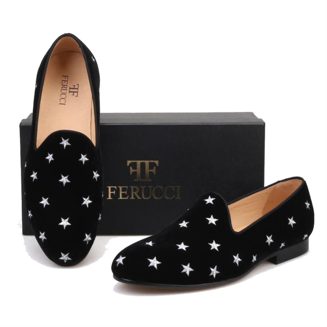 FERUCCI Handmade Men's Black Velvet Loafers with Silver Star Design - Comfortable House Slippers for Indoor/Outdoor Wear, Perfect Gift for Dad & Husband