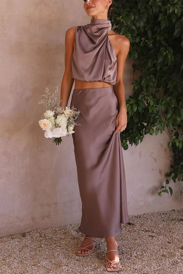 Such A Vibe Women's High Neck Satin Drape Maxi Skirt Set - Elegant Evening Dress for Parties, Weddings & Special Occasions