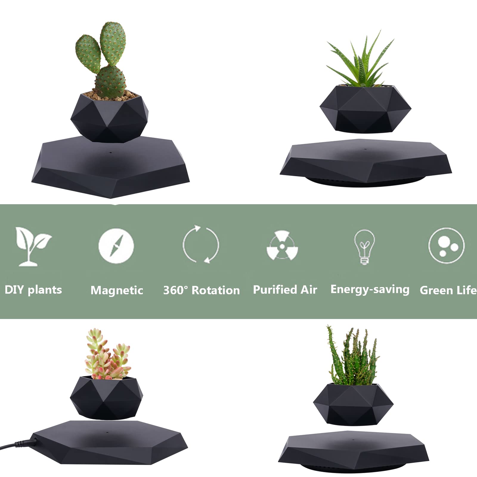 Magnetic Levitating Plant Pot for Air Plants - Floating Rotating Bonsai Planter for Office & Home Decor, Black | Perfect for Desk, Living Room & Gift Ideas