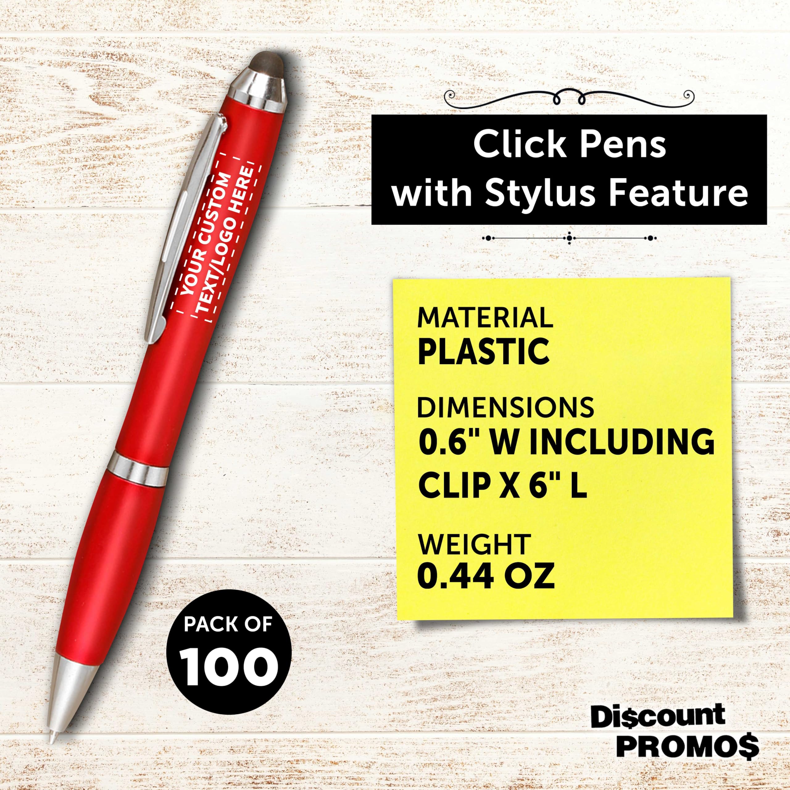 Custom Plastic Stylus Pens Bulk Pack of 100 - Personalized Black Ink Pens for Office, School & Business | Great for Tradeshows, Events & Giveaways | Premium Quality Stylus Pen Set for Digital Devices & Signatures